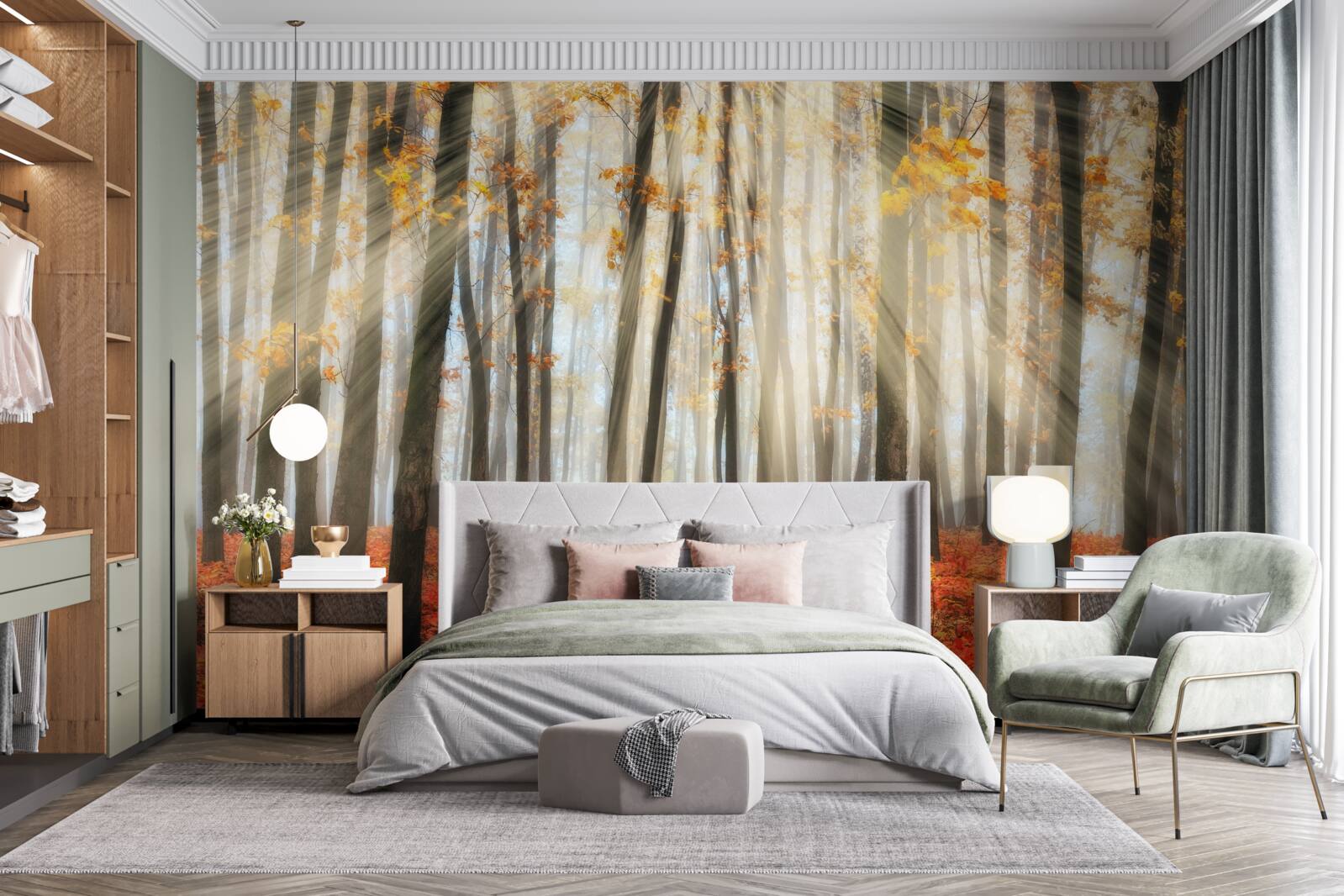 Fotobehang zonneschijn en sierlijke herfstbomen die hun bladeren hebben verloren