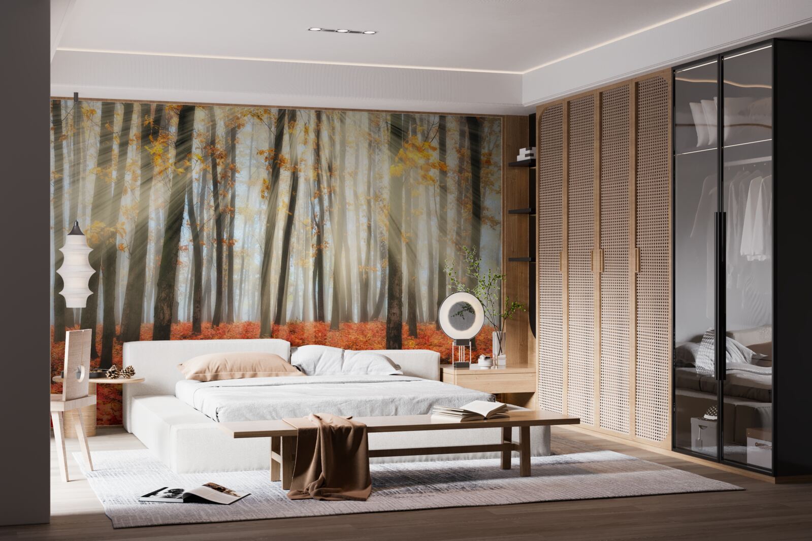 Fotobehang zonneschijn en sierlijke herfstbomen die hun bladeren hebben verloren