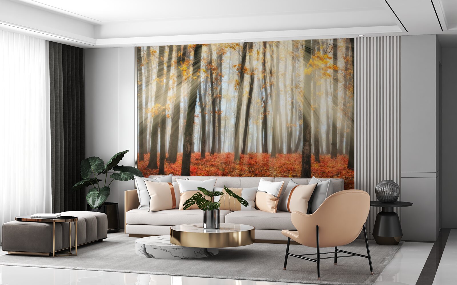 Fotobehang zonneschijn en sierlijke herfstbomen die hun bladeren hebben verloren