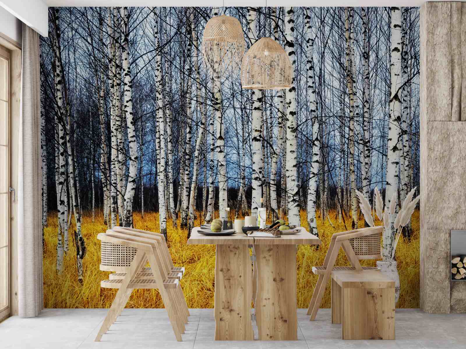 Fotobehang gevallen berkenbladeren op een achtergrond van vergelend bosgras