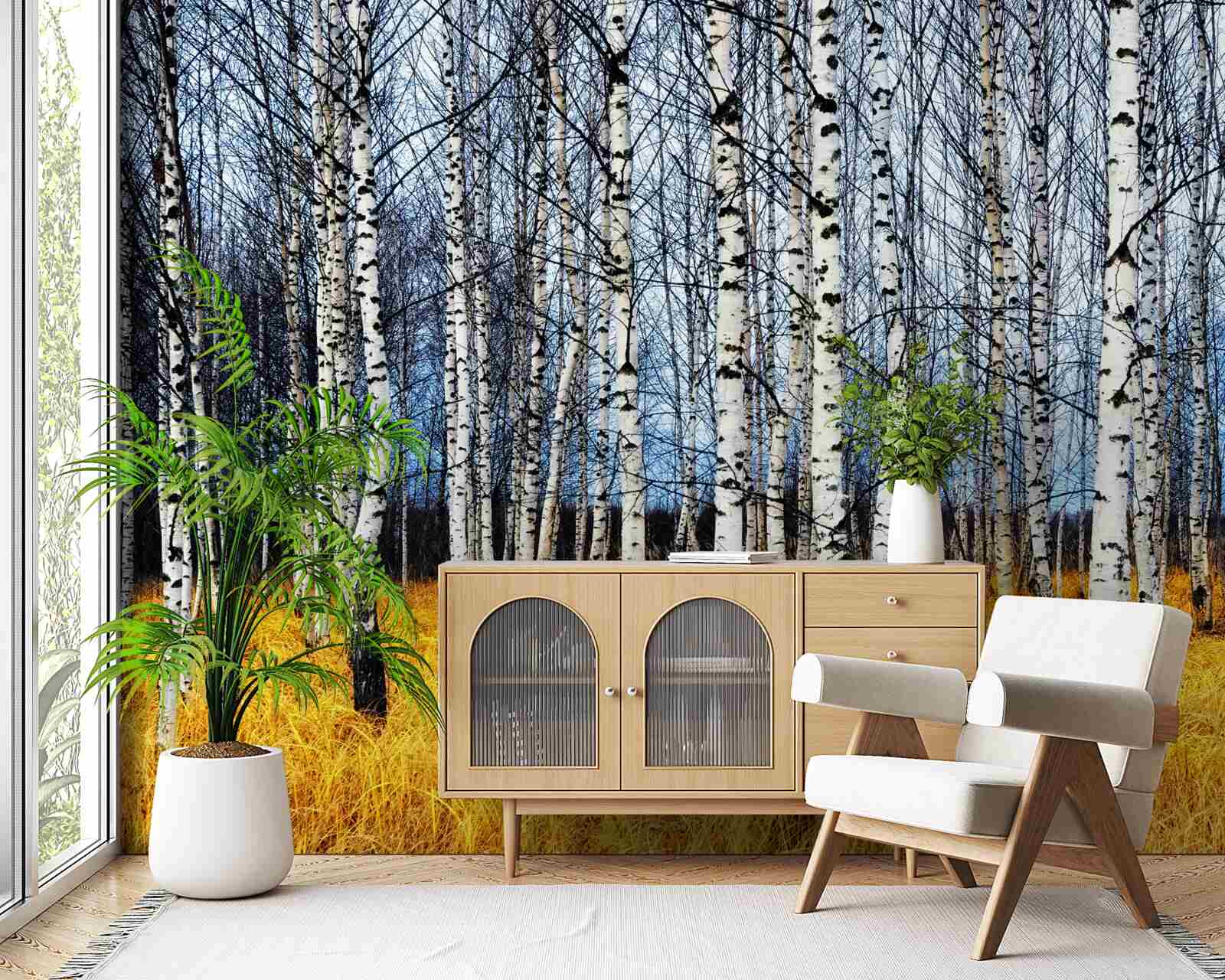 Fotobehang gevallen berkenbladeren op een achtergrond van vergelend bosgras