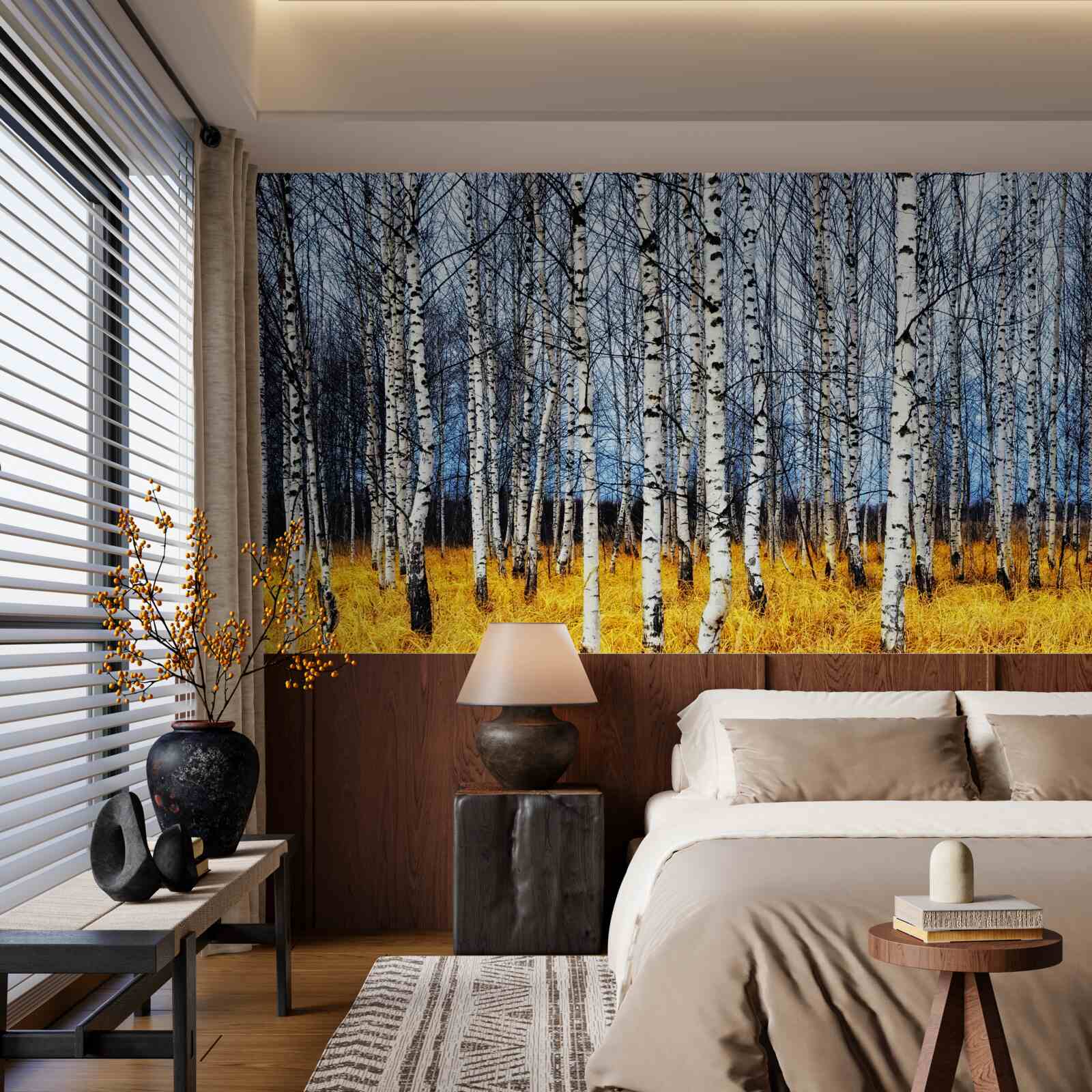 Fotobehang gevallen berkenbladeren op een achtergrond van vergelend bosgras