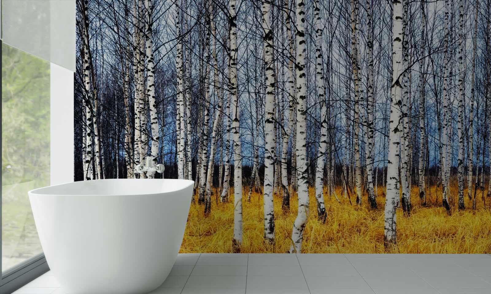 Fotobehang gevallen berkenbladeren op een achtergrond van vergelend bosgras