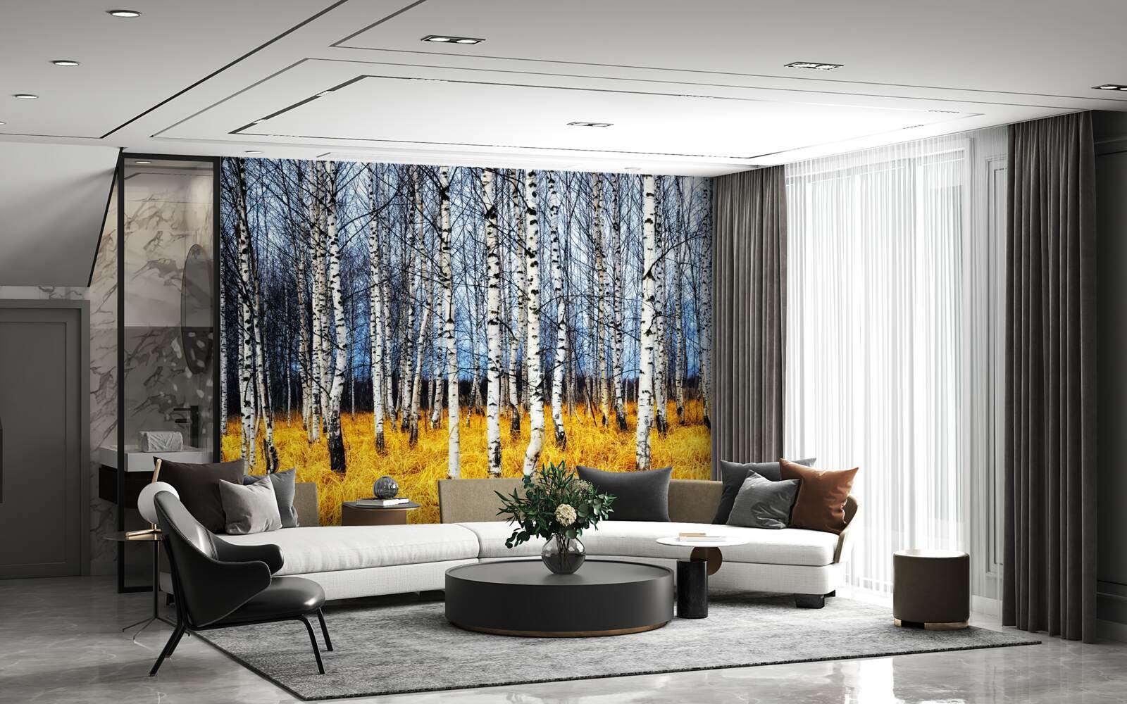 Fotobehang gevallen berkenbladeren op een achtergrond van vergelend bosgras