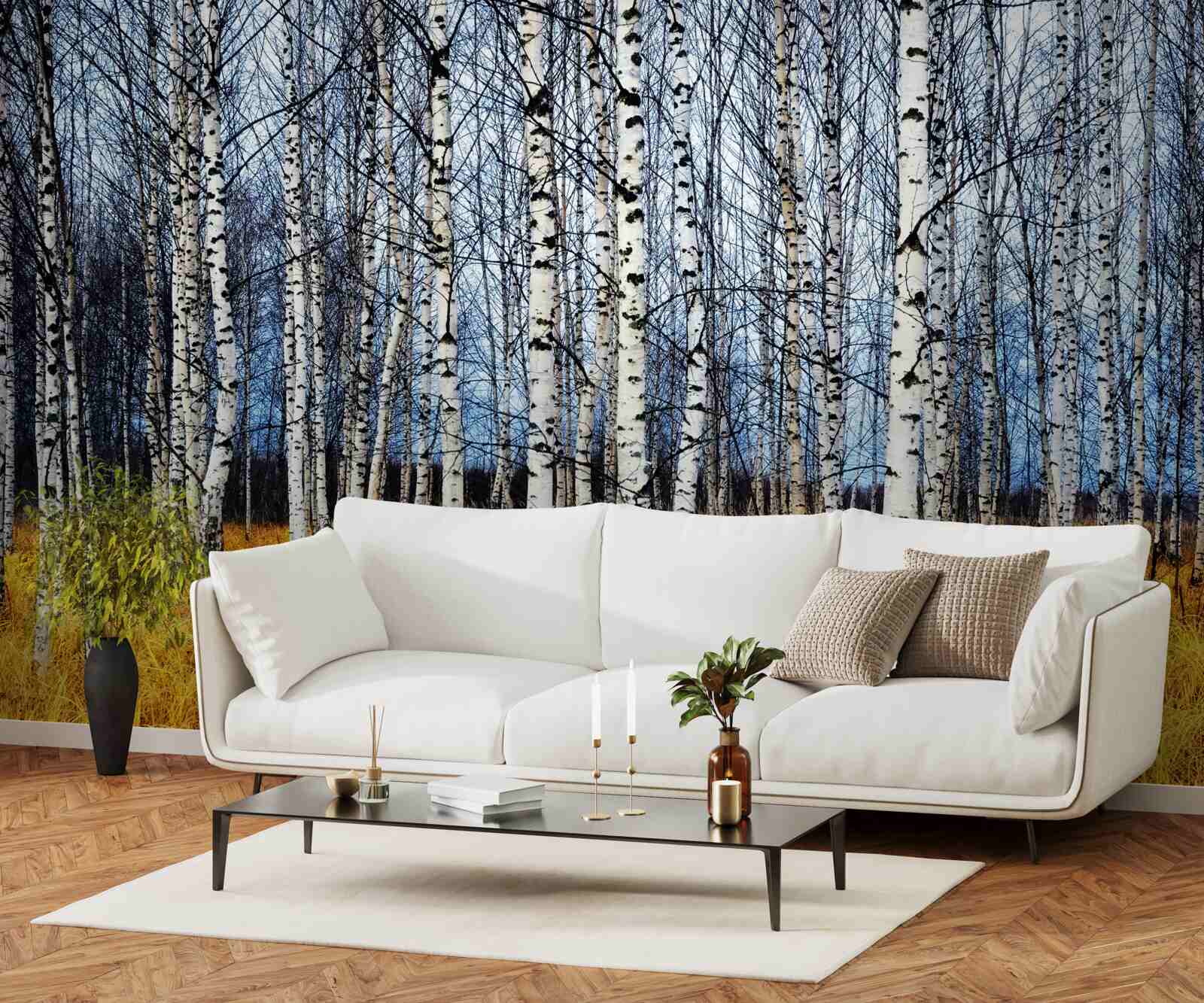 Fotobehang gevallen berkenbladeren op een achtergrond van vergelend bosgras