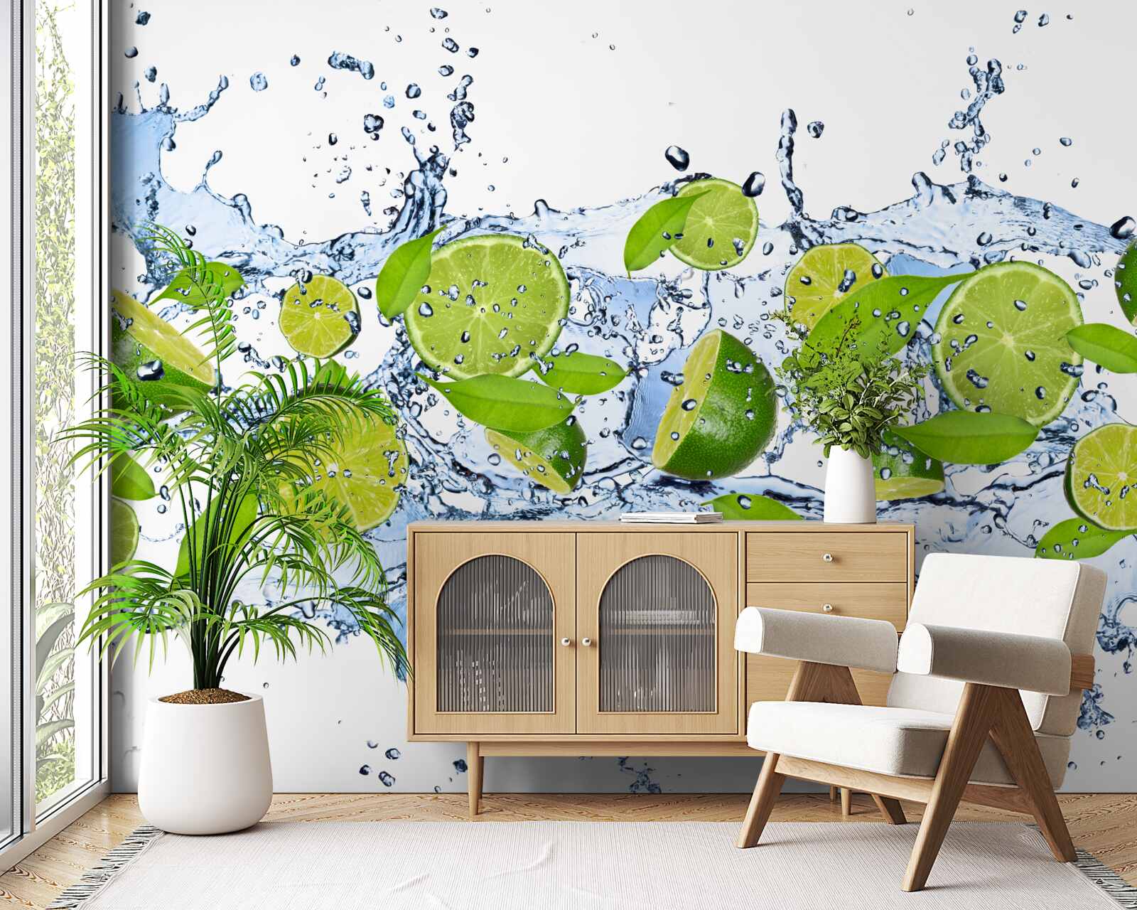 Fotobehang limoenen in plakjes gesneden en in water gedompeld