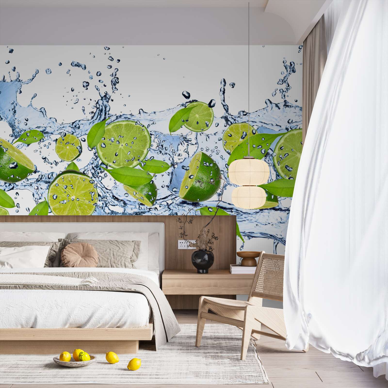 Fotobehang limoenen in plakjes gesneden en in water gedompeld
