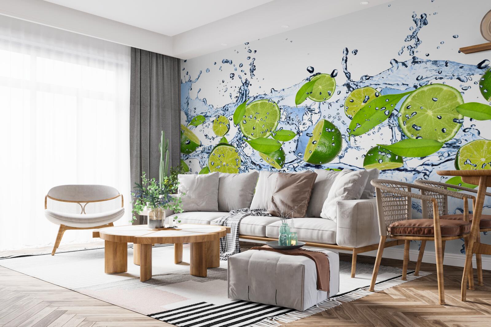 Fotobehang limoenen in plakjes gesneden en in water gedompeld