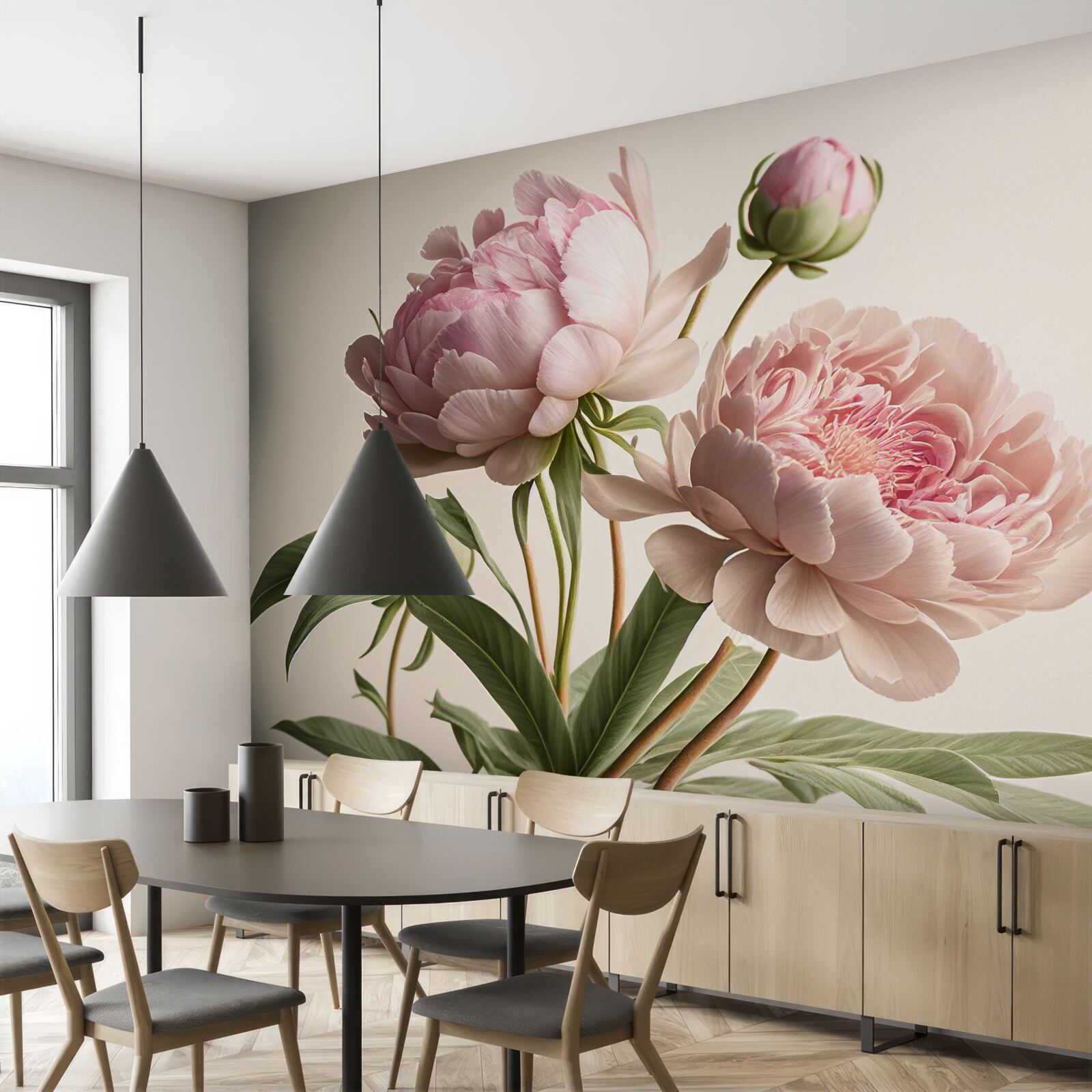 Fotobehang set van heldere pioenrozen