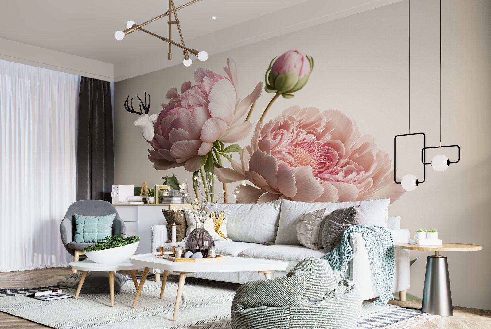 Fotobehang set van heldere pioenrozen