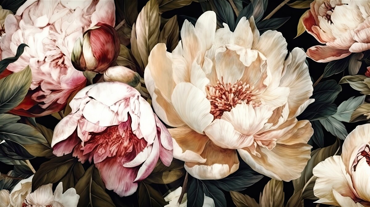 Fotobehang grote bloemen met witte knoppen