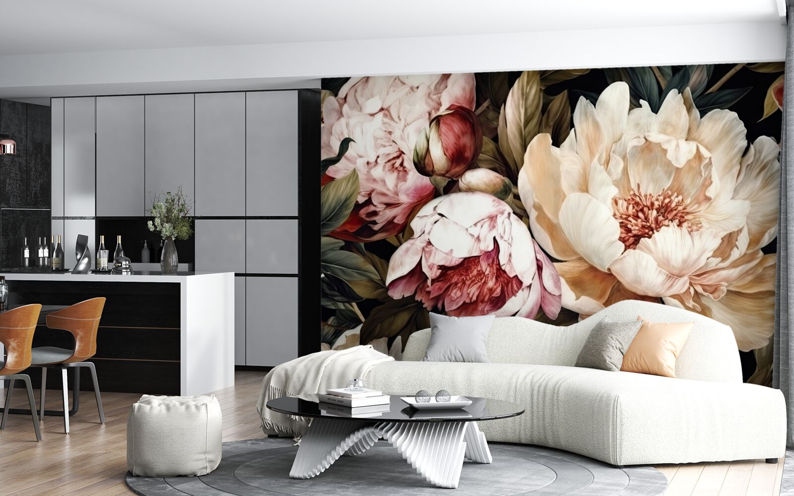 Fotobehang grote bloemen met witte knoppen