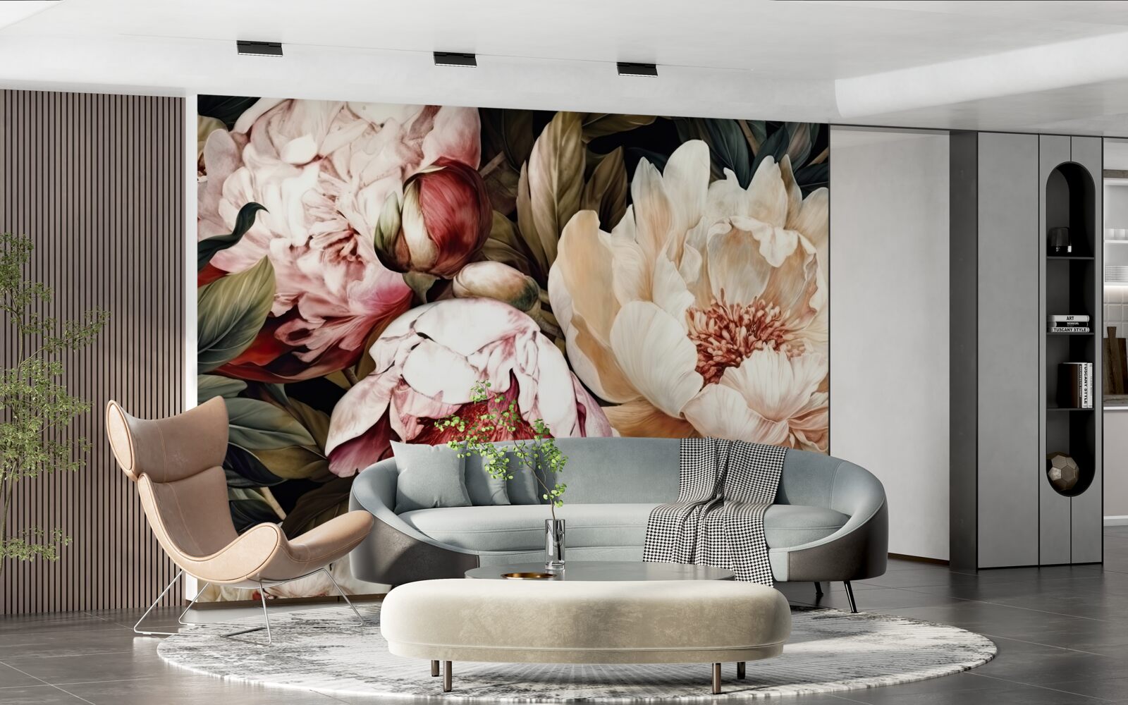 Fotobehang grote bloemen met witte knoppen