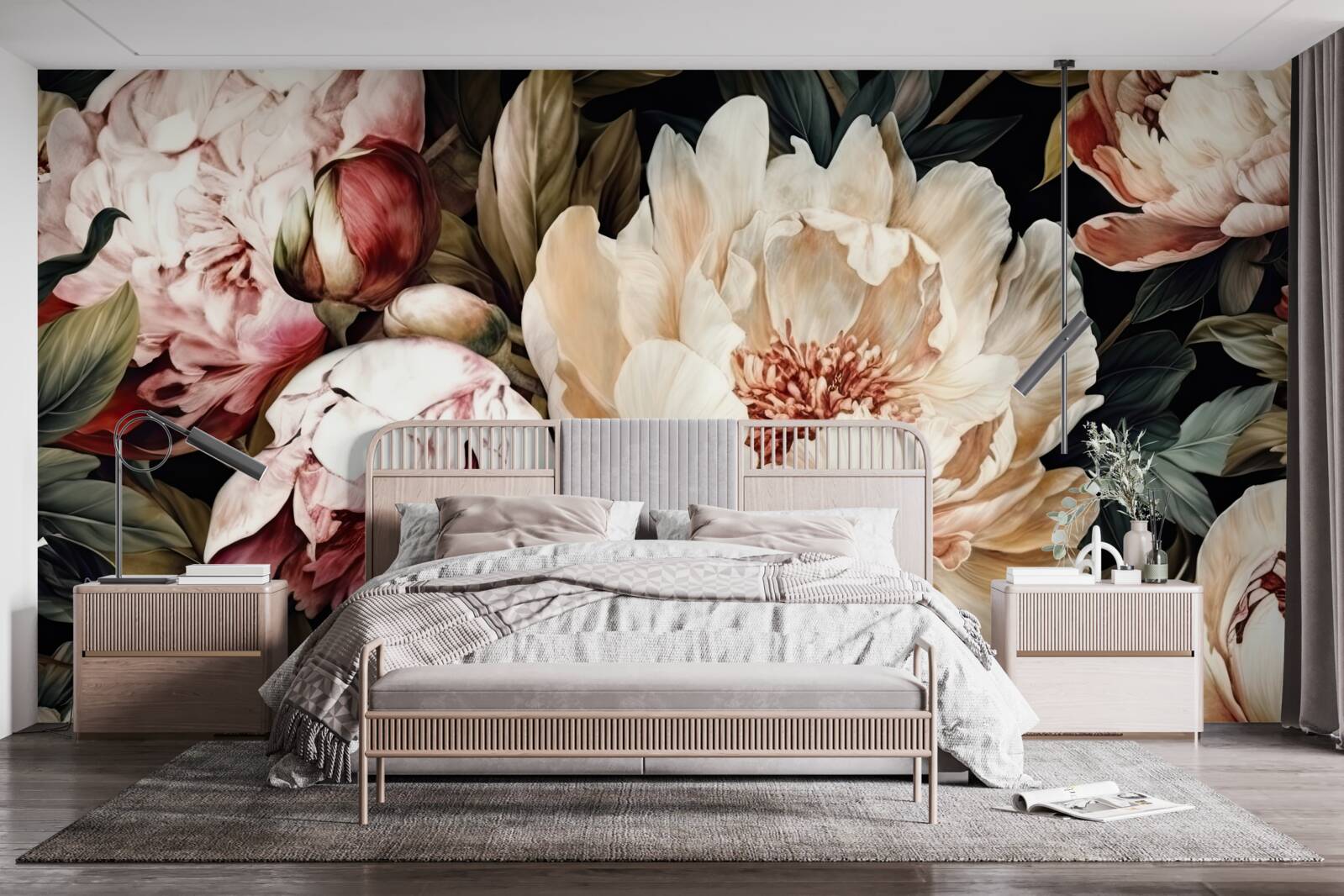 Fotobehang grote bloemen met witte knoppen