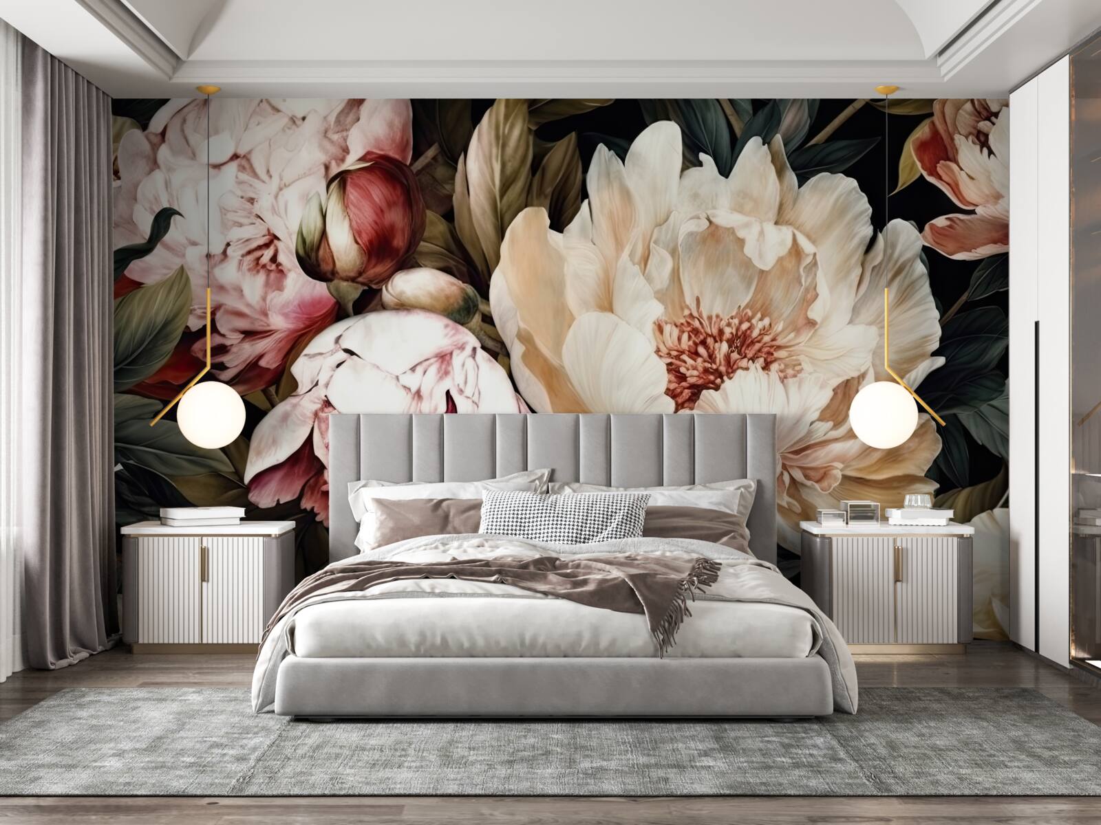 Fotobehang grote bloemen met witte knoppen