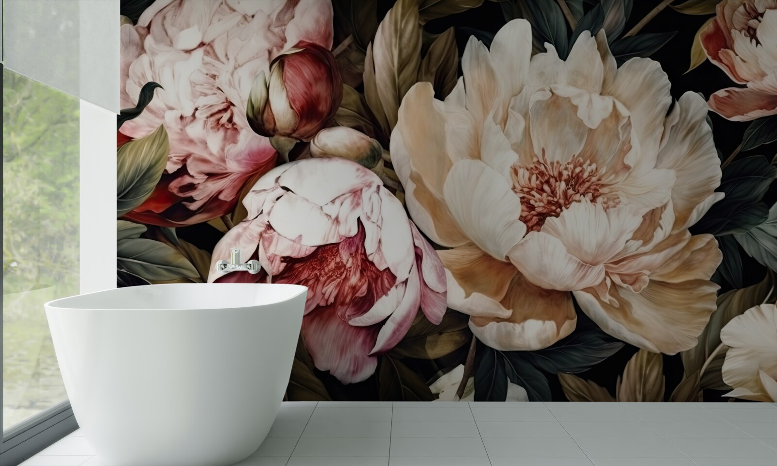 Fotobehang grote bloemen met witte knoppen