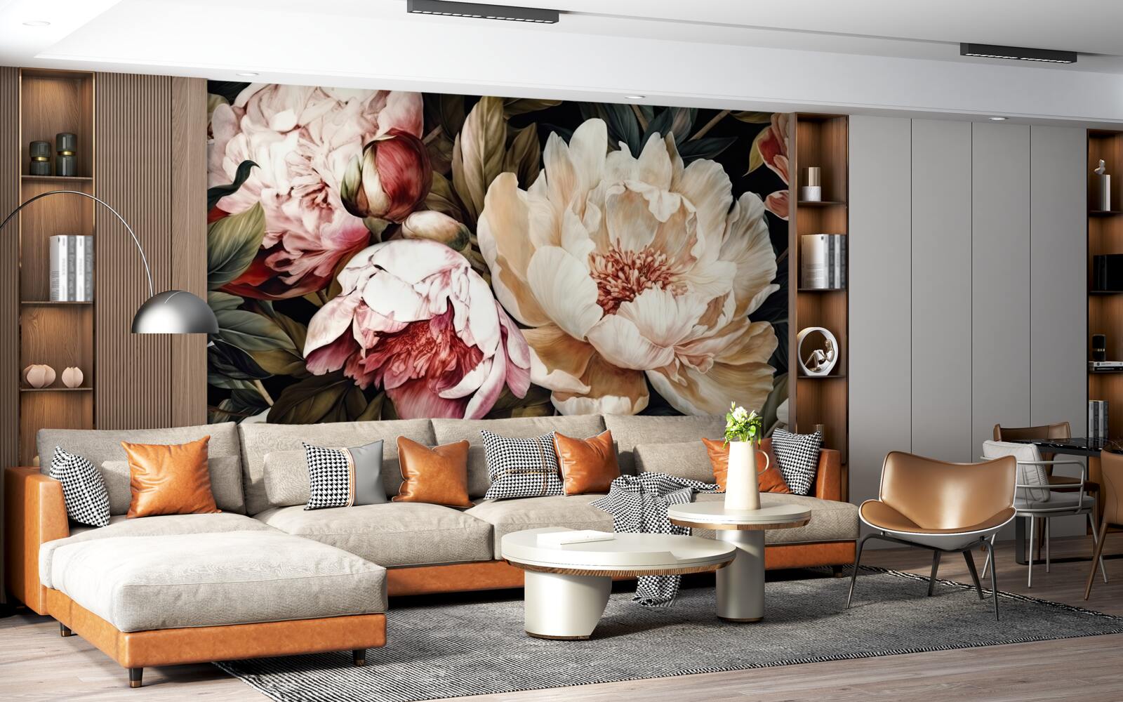 Fotobehang grote bloemen met witte knoppen