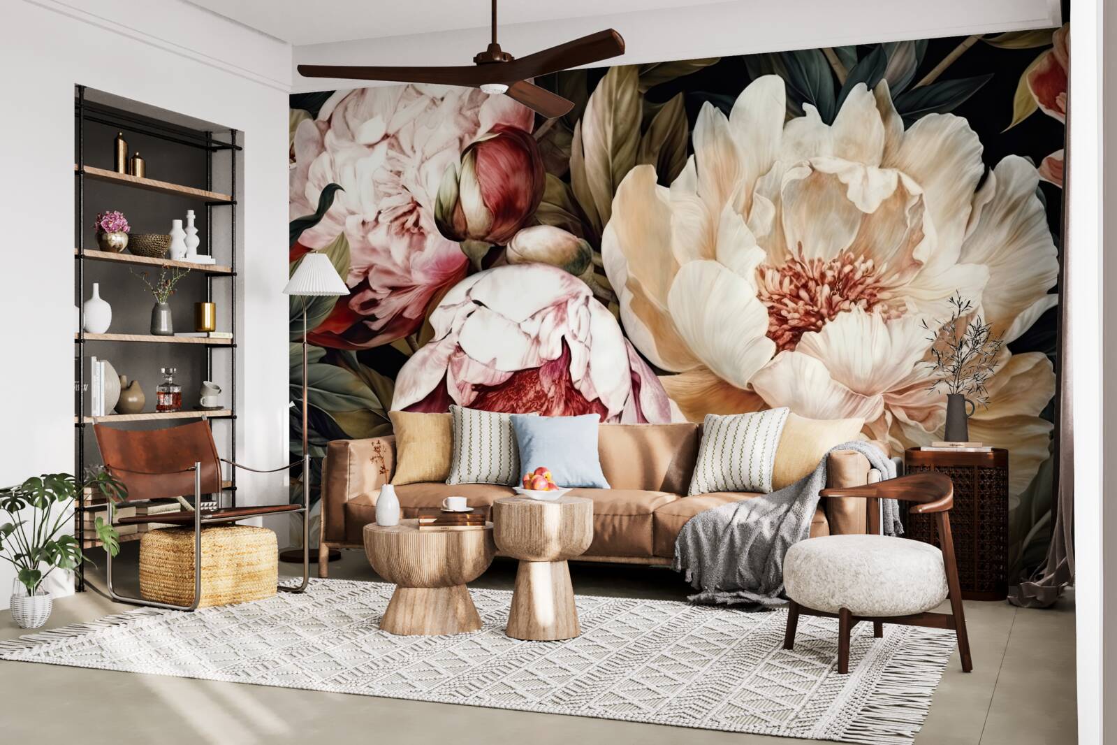 Fotobehang grote bloemen met witte knoppen