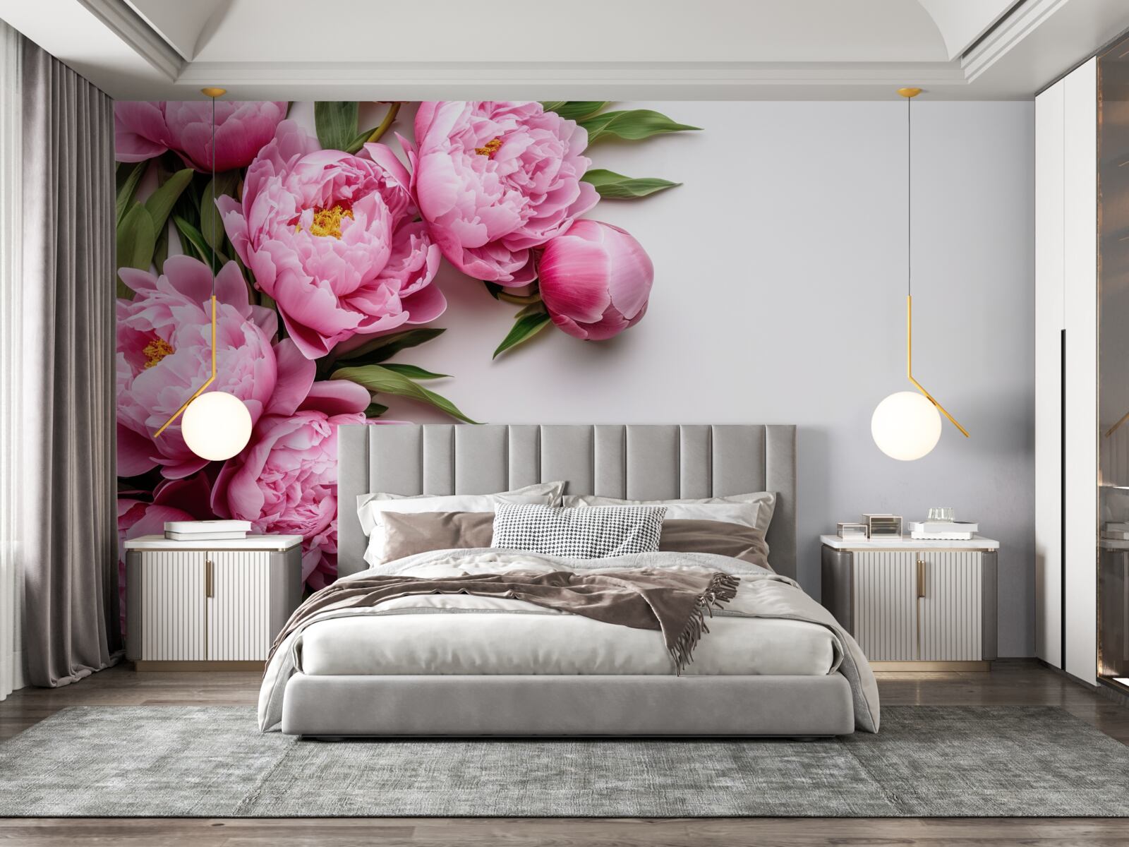 Fotobehang grote bloeiwijzen van roze pioenen