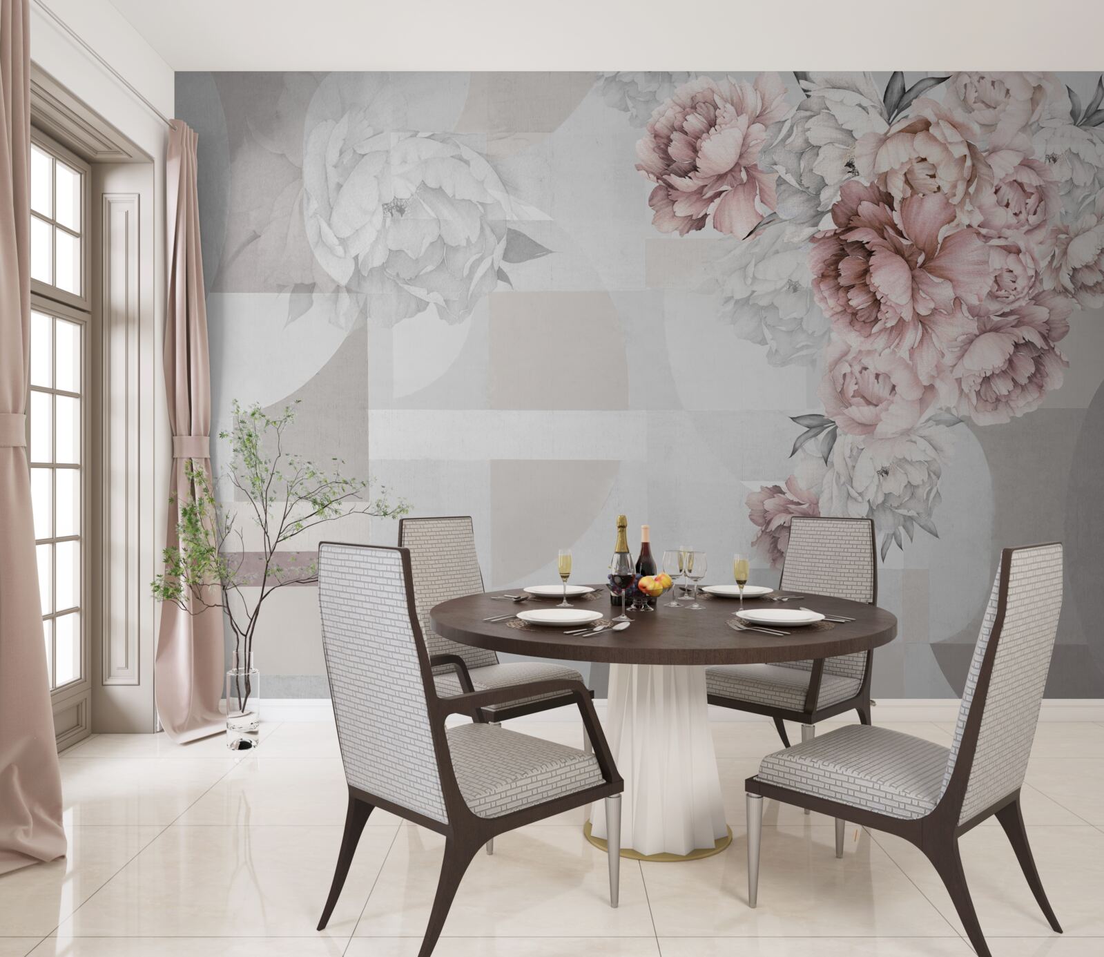 Fotobehang grote bloemen op een grijze achtergrond