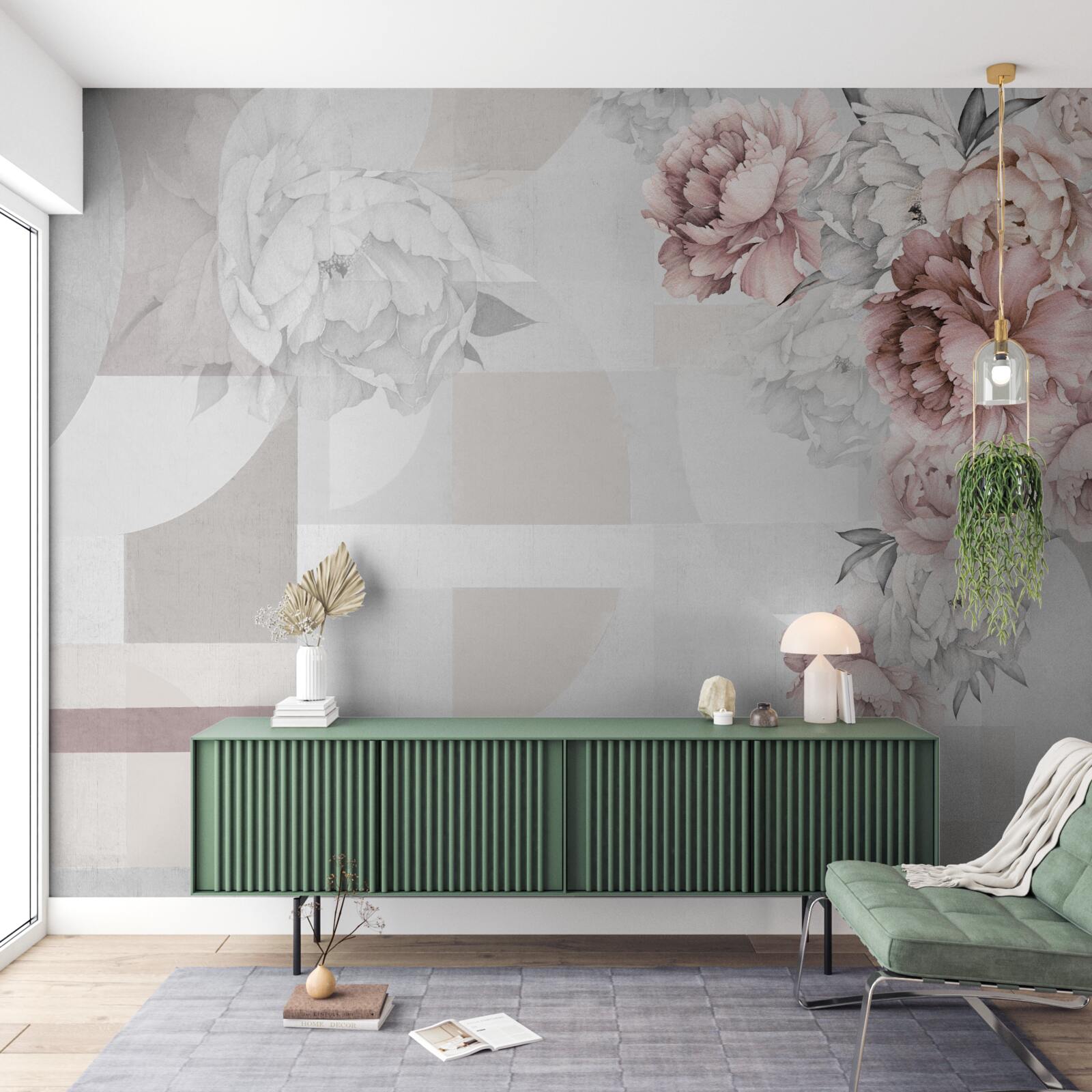 Fotobehang grote bloemen op een grijze achtergrond