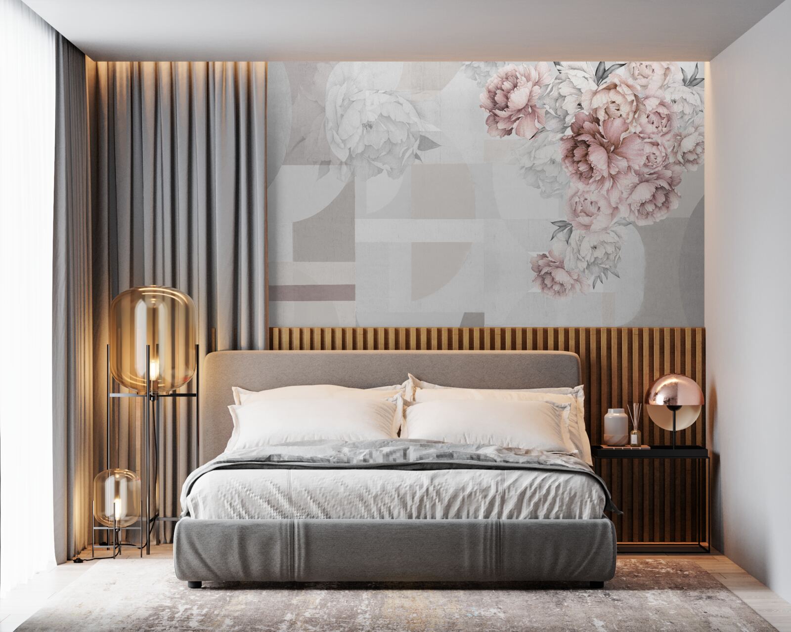 Fotobehang grote bloemen op een grijze achtergrond