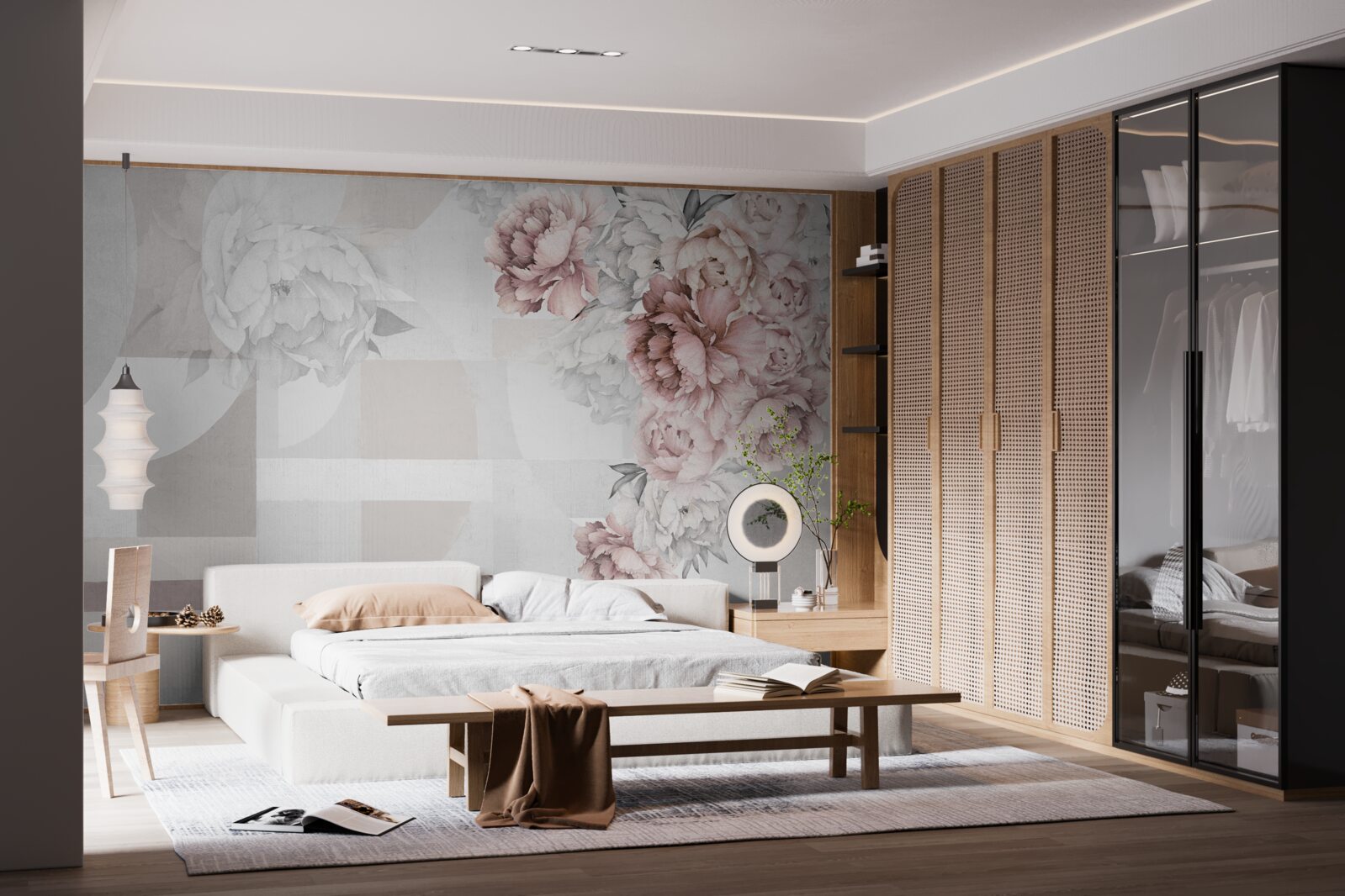 Fotobehang grote bloemen op een grijze achtergrond