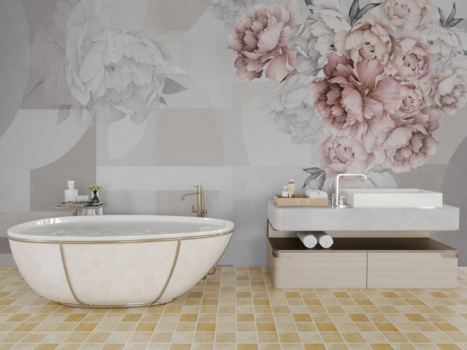 Fotobehang grote bloemen op een grijze achtergrond