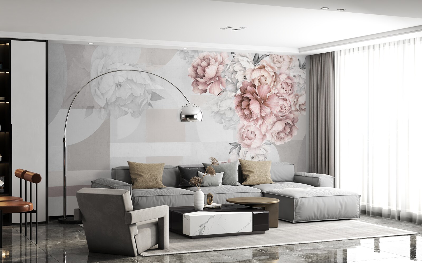 Fotobehang grote bloemen op een grijze achtergrond