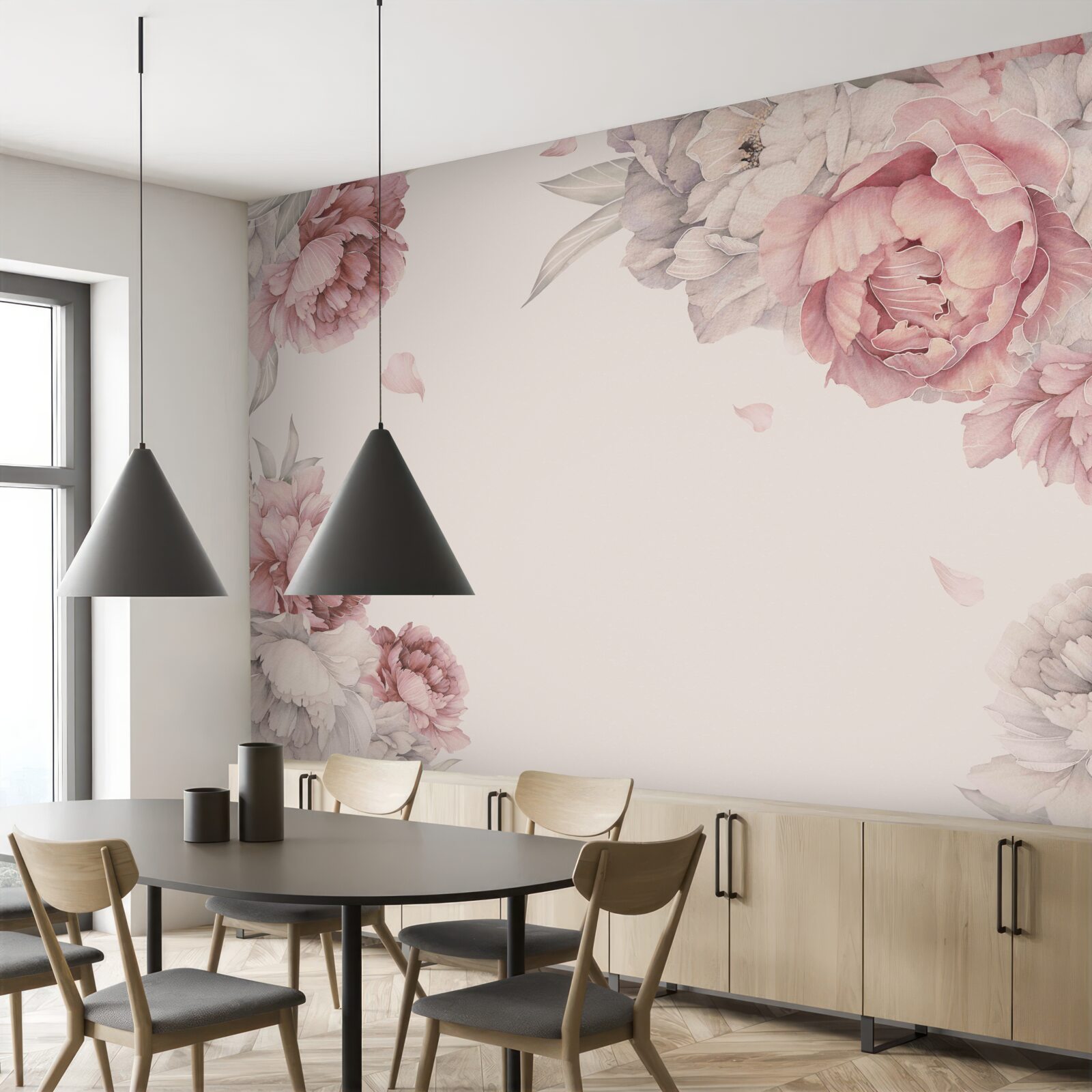 Fotobehang grote takken roze pioenrozen