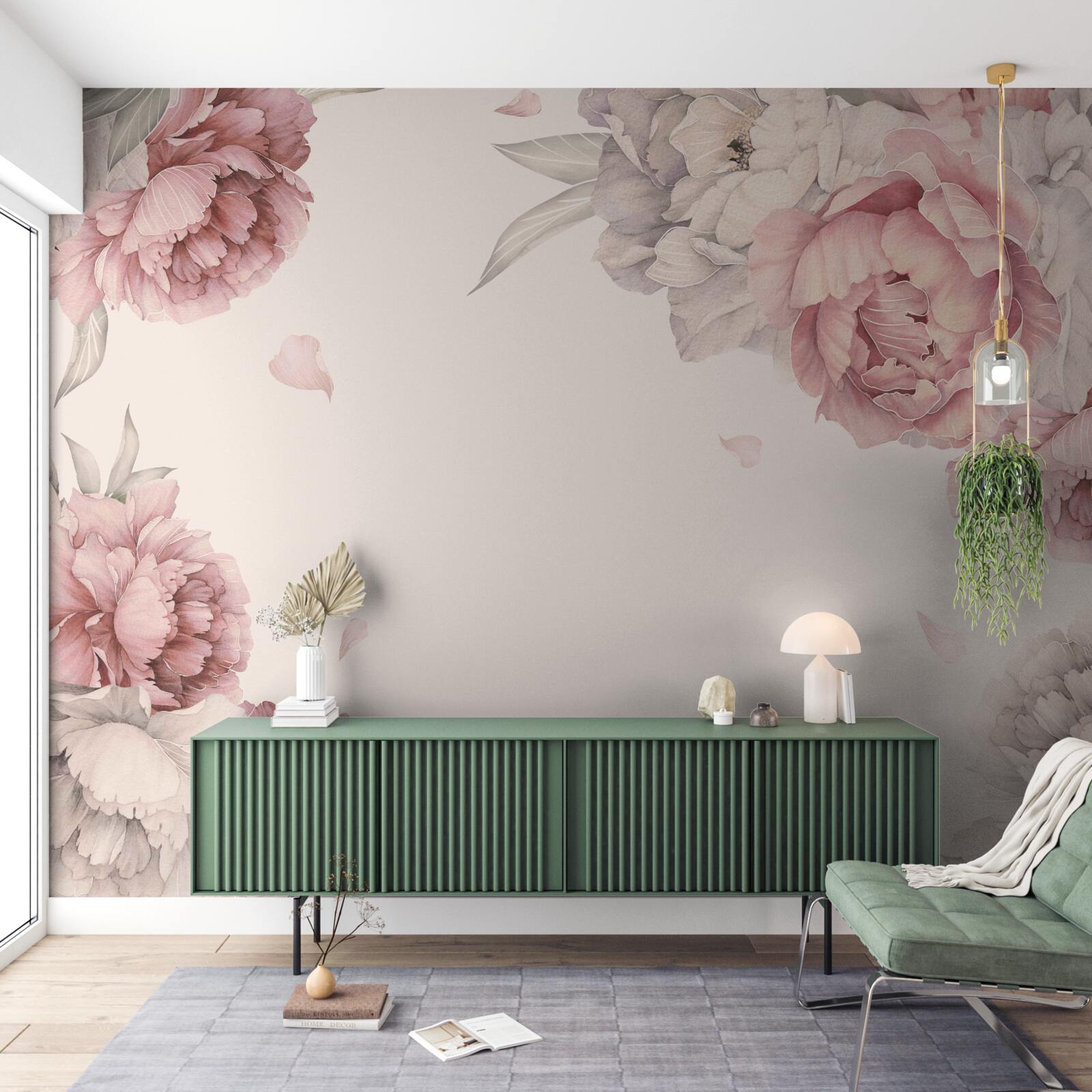 Fotobehang grote takken roze pioenrozen