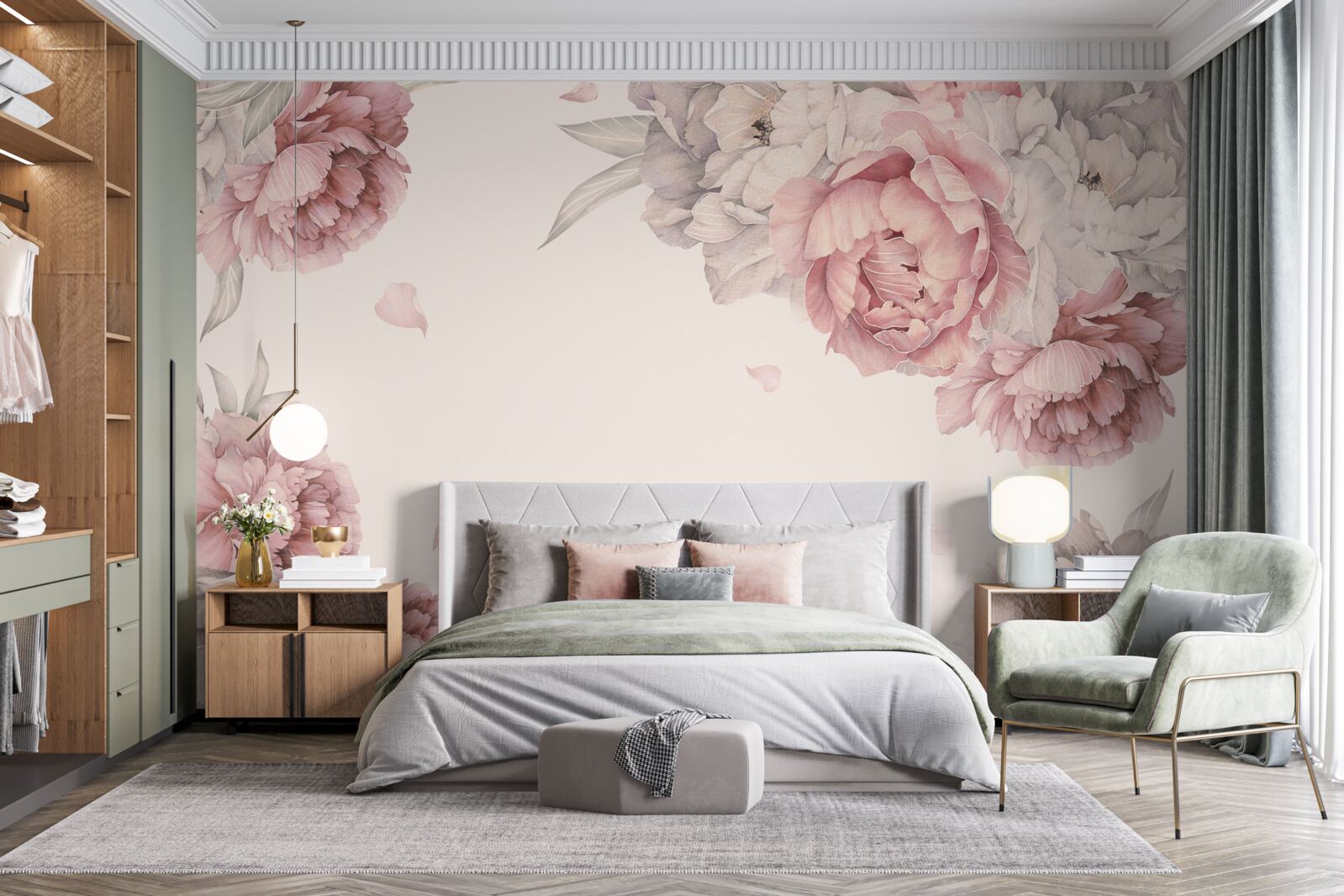 Fotobehang grote takken roze pioenrozen