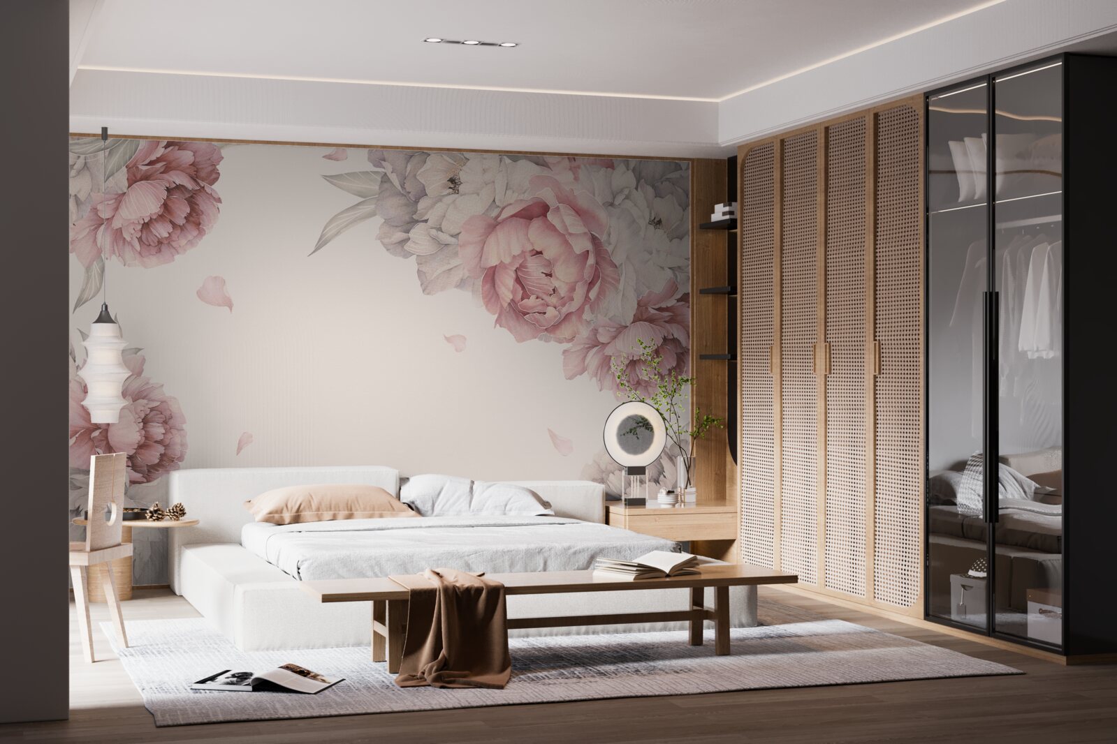 Fotobehang grote takken roze pioenrozen