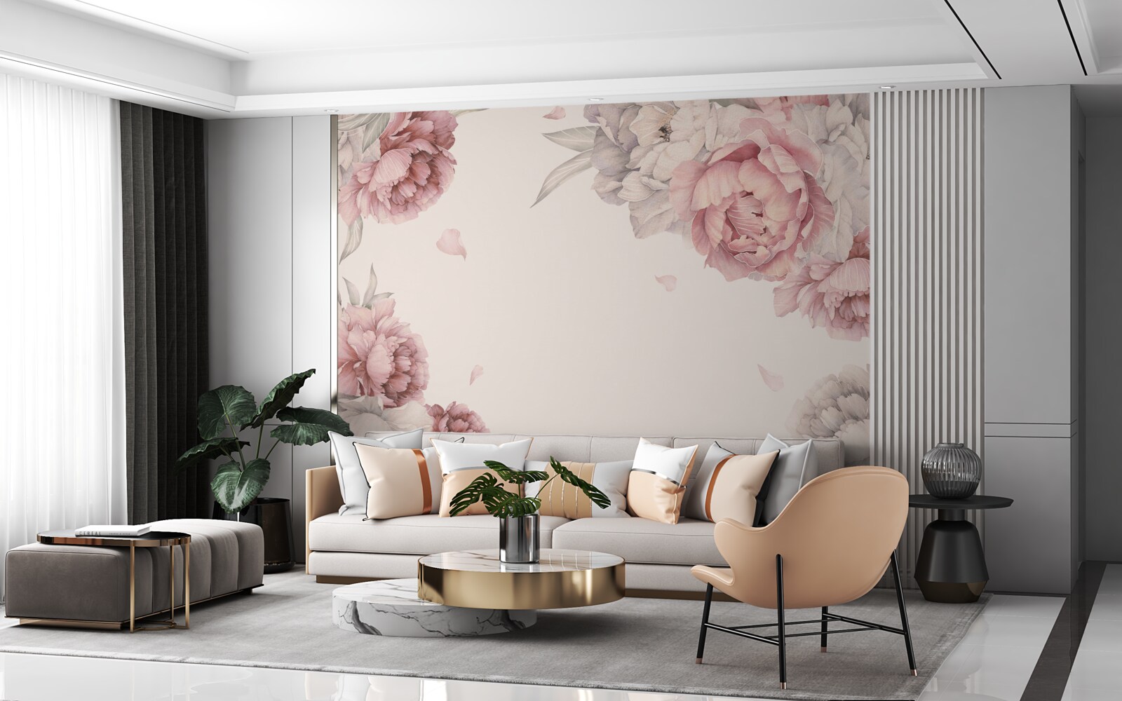 Fotobehang grote takken roze pioenrozen