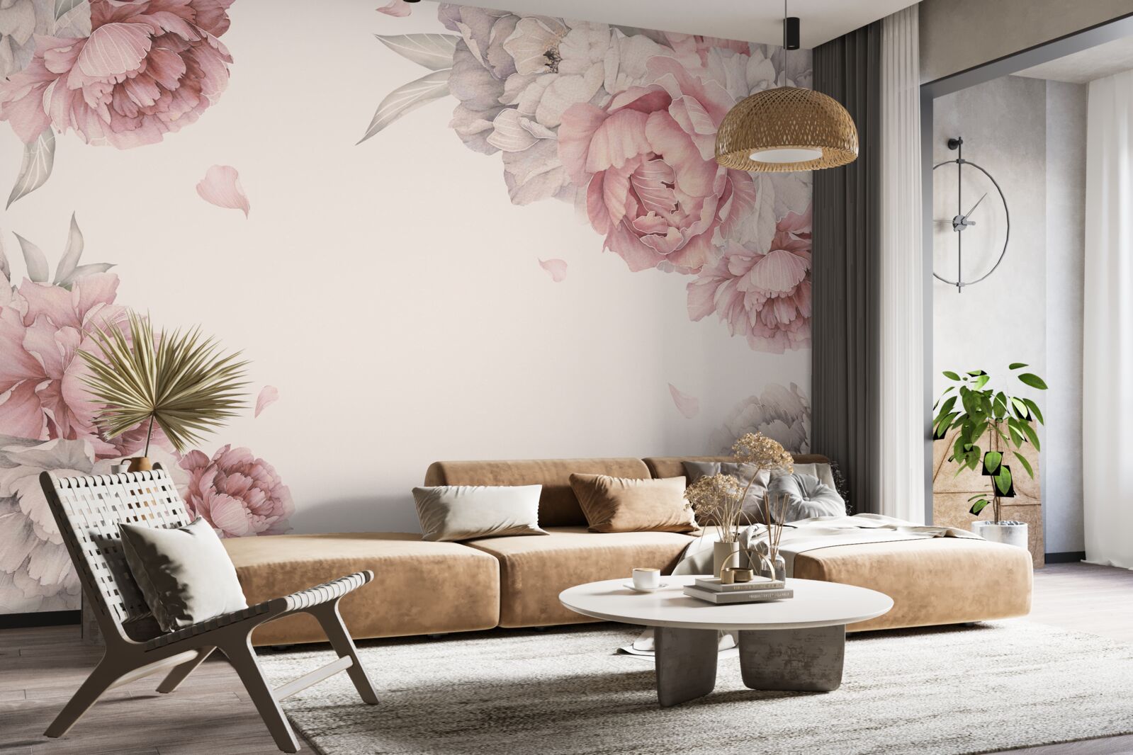 Fotobehang grote takken roze pioenrozen