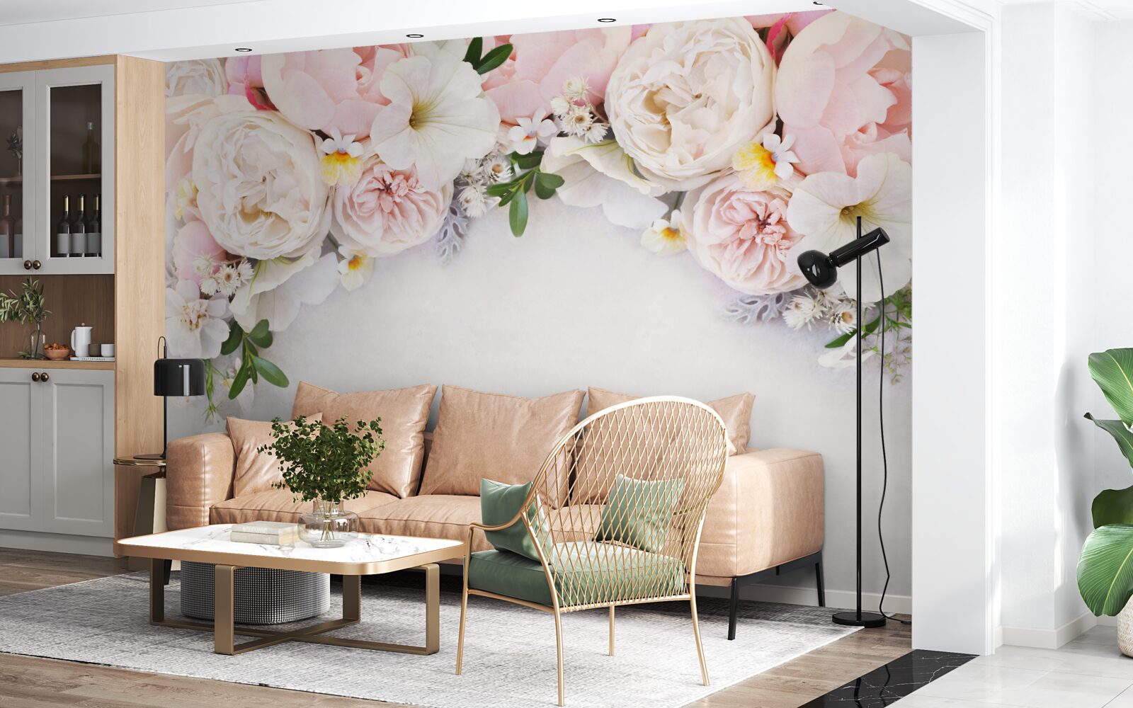 Fotobehang een tak grote pioenrozen in lichtroze