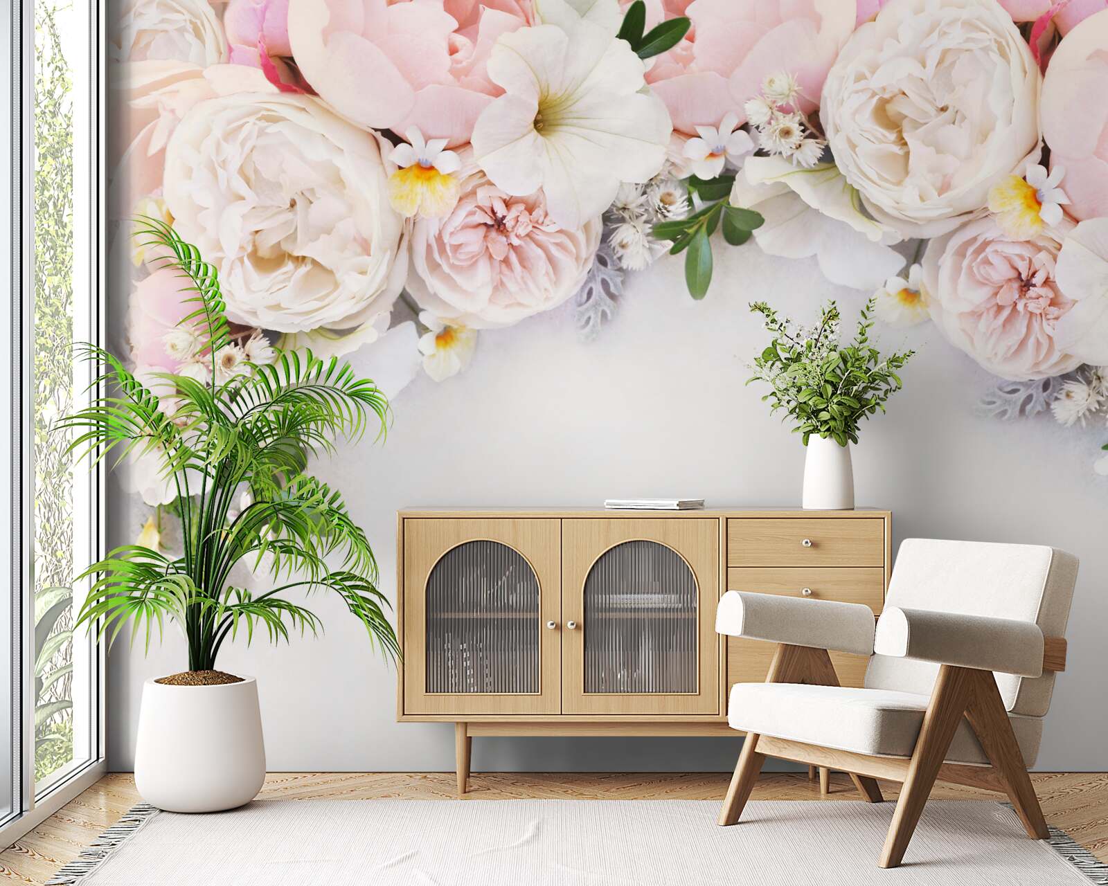 Fotobehang een tak grote pioenrozen in lichtroze