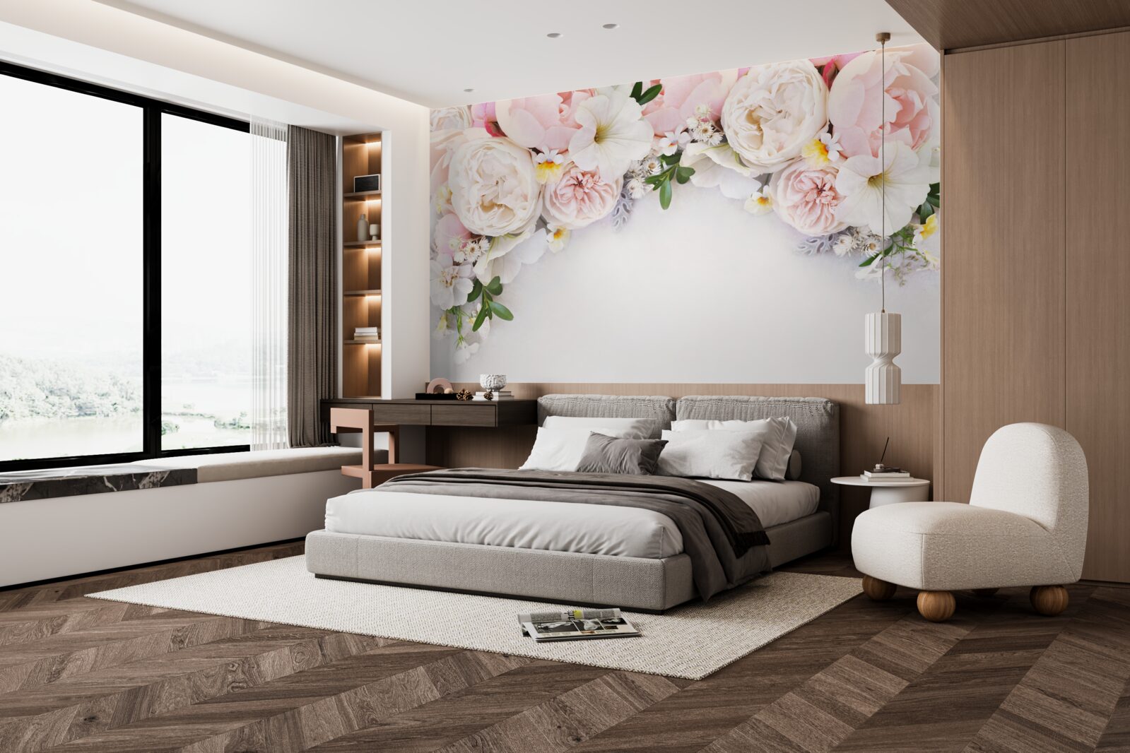 Fotobehang een tak grote pioenrozen in lichtroze