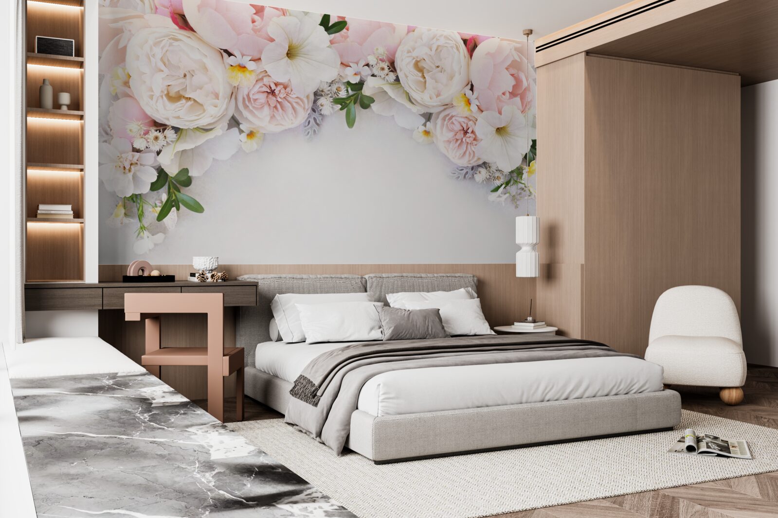 Fotobehang een tak grote pioenrozen in lichtroze