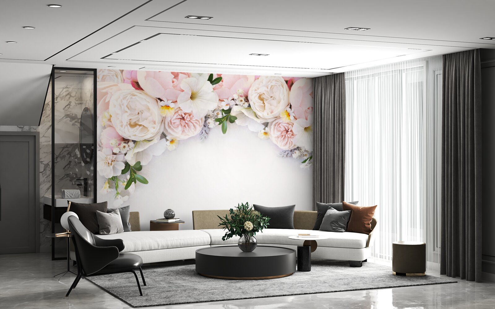 Fotobehang een tak grote pioenrozen in lichtroze