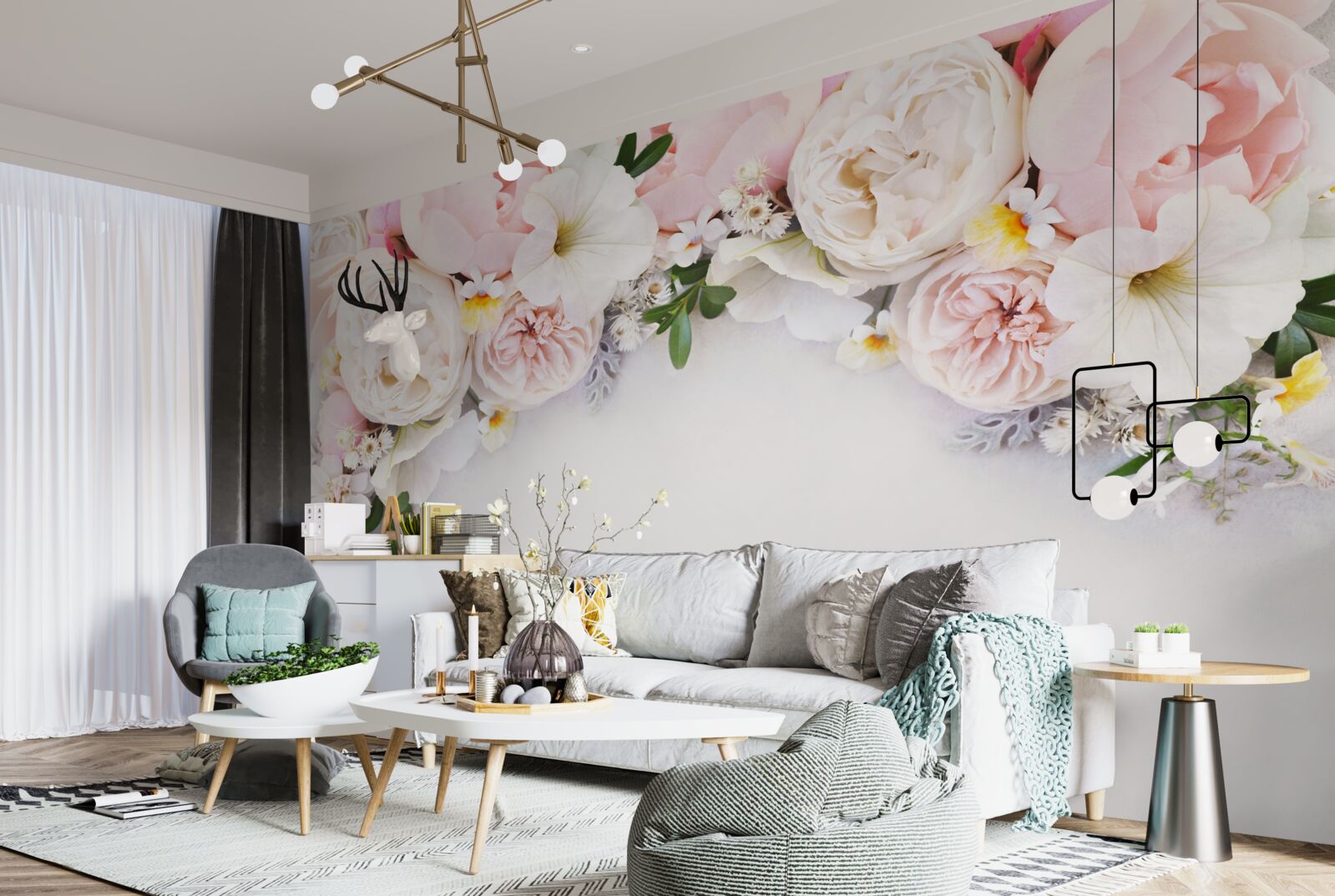 Fotobehang een tak grote pioenrozen in lichtroze