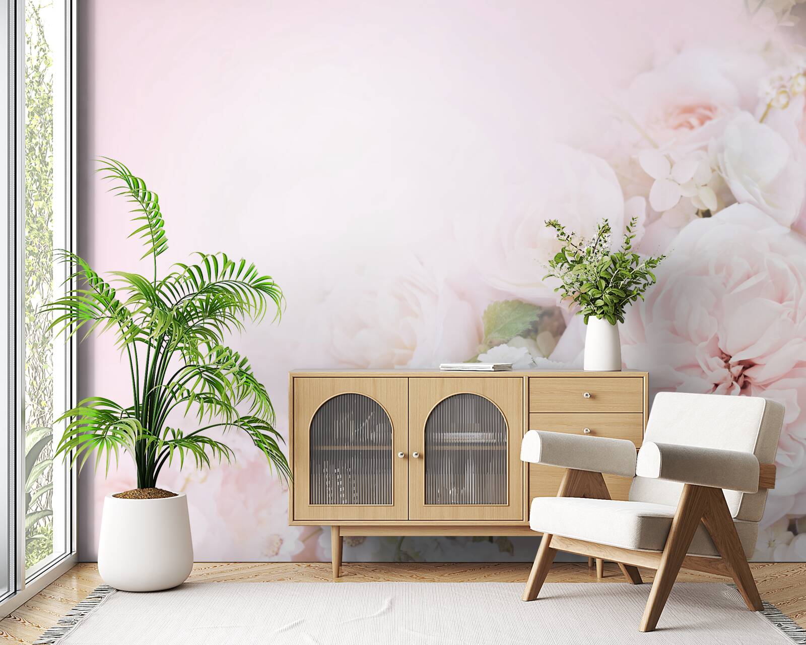 Fotobehang de heldere achtergrond is versierd met delicate bloemen