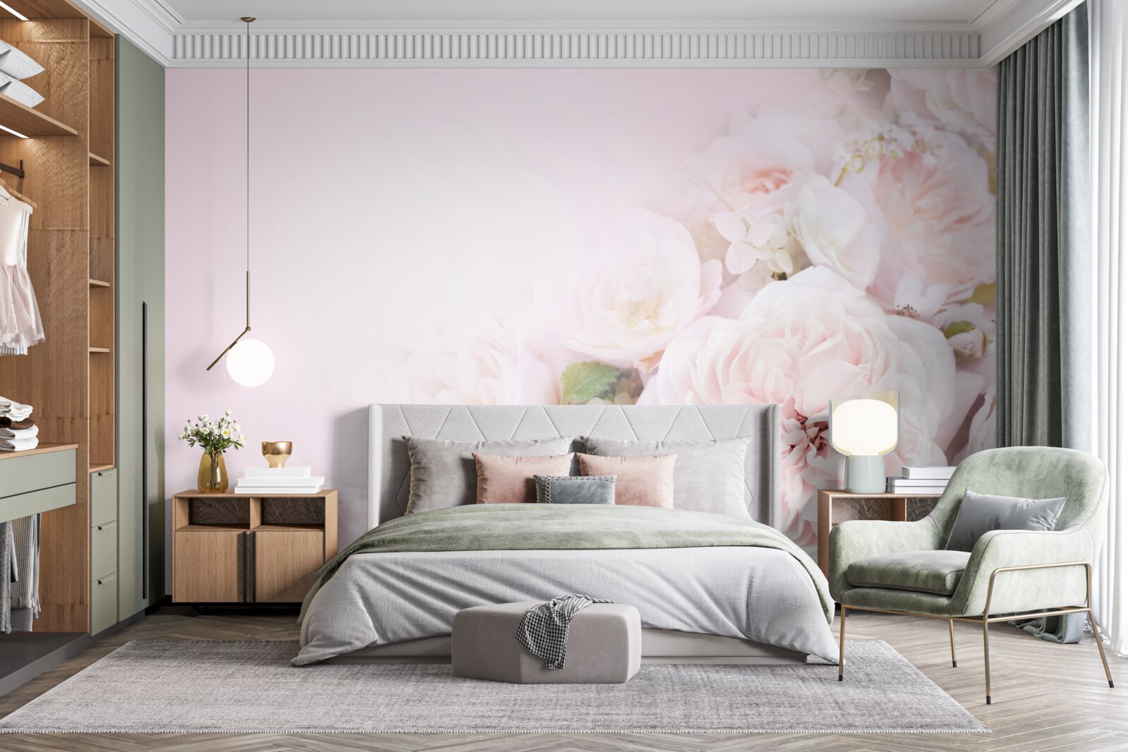 Fotobehang de heldere achtergrond is versierd met delicate bloemen