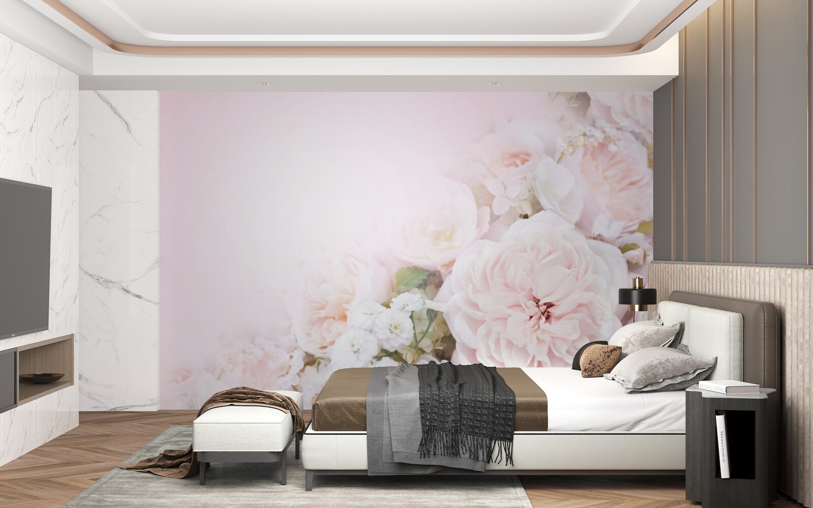 Fotobehang de heldere achtergrond is versierd met delicate bloemen