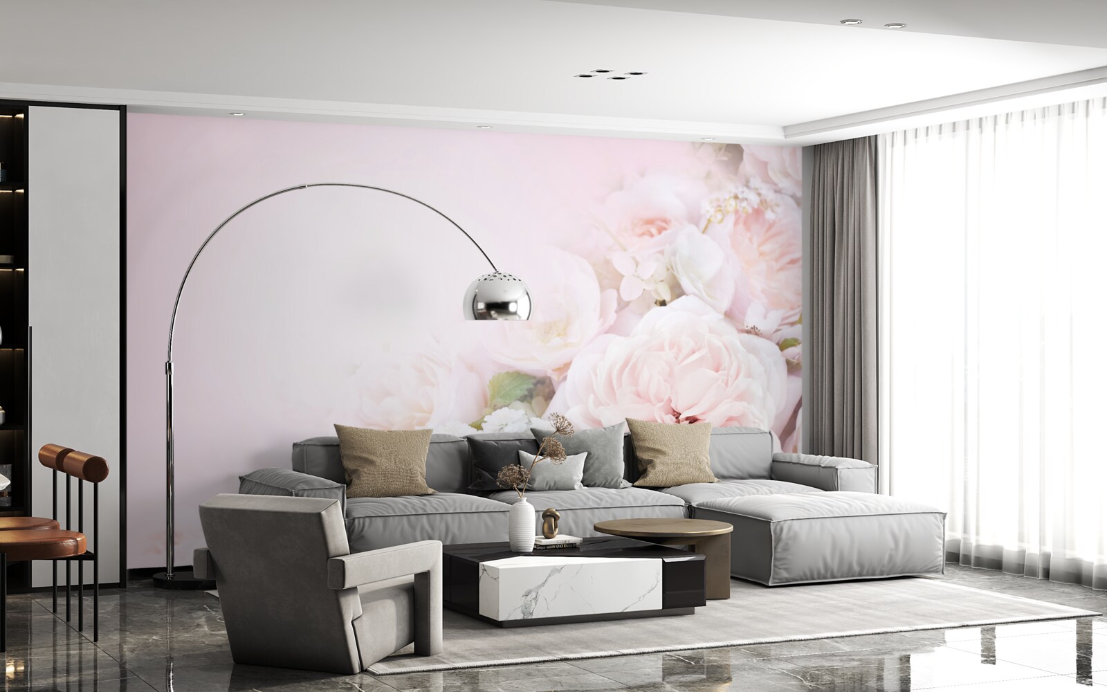 Fotobehang de heldere achtergrond is versierd met delicate bloemen