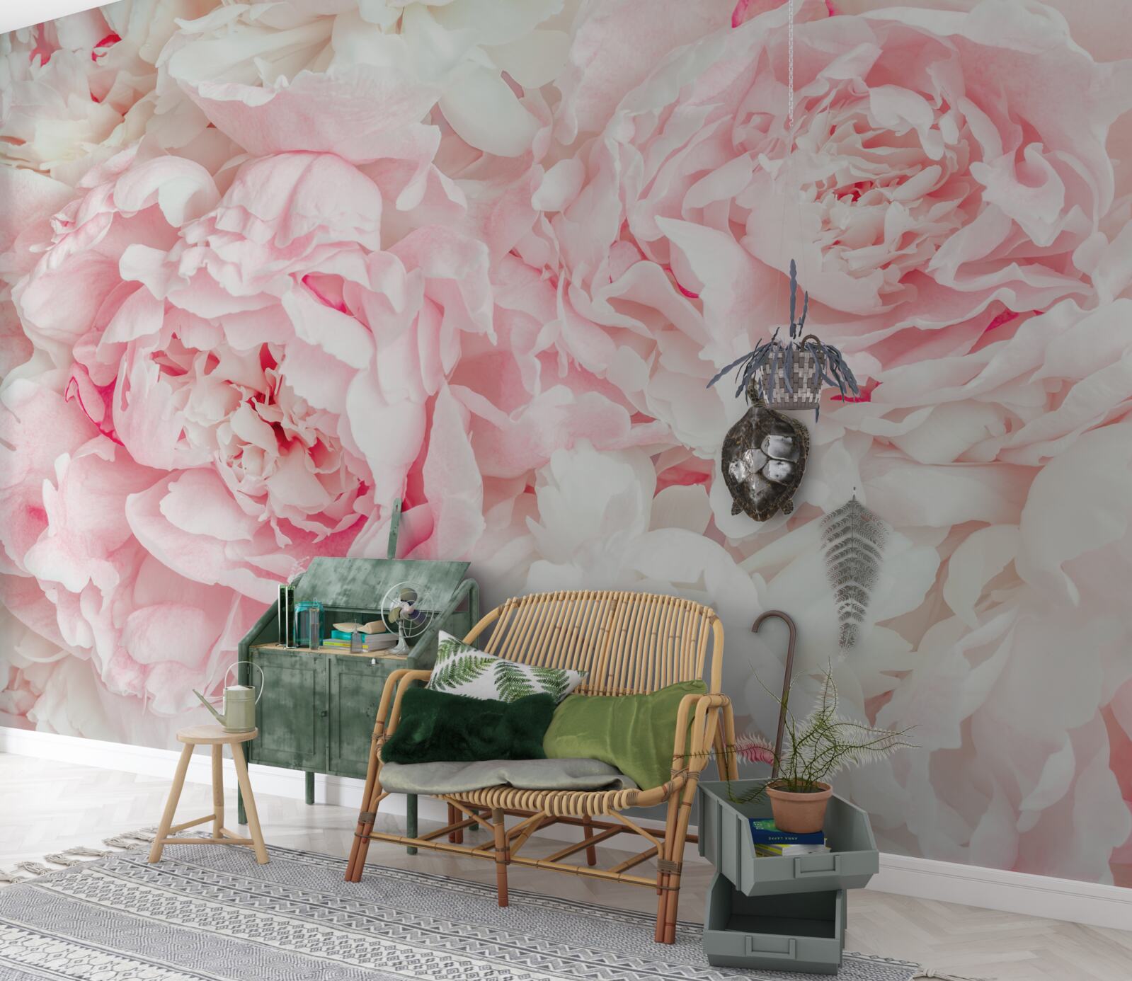 Fotobehang witte bloemen met grote bladeren