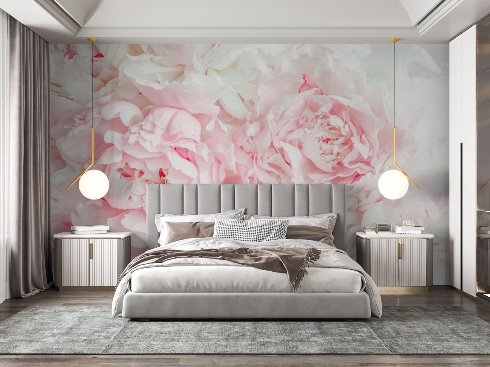 Fotobehang witte bloemen met grote bladeren