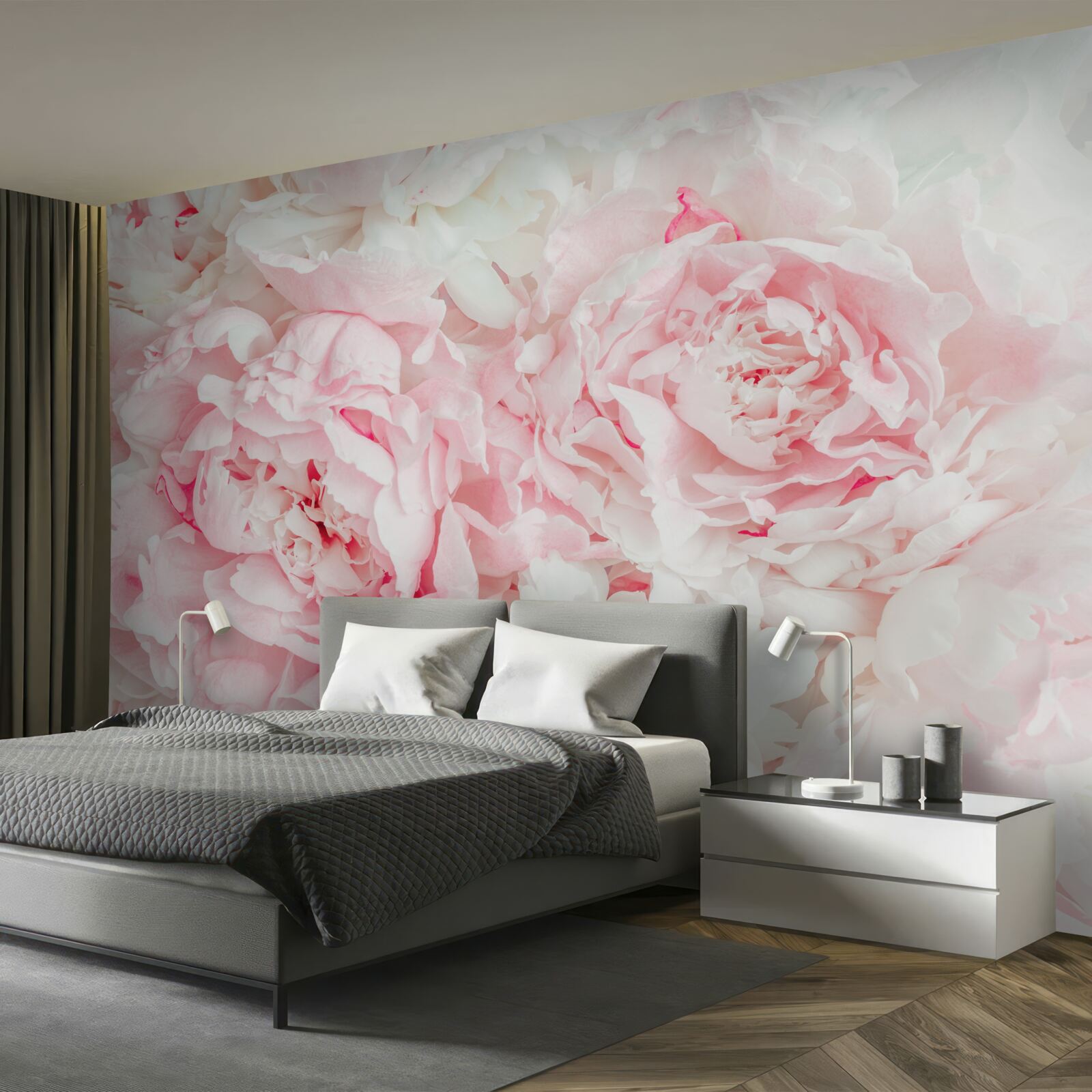 Fotobehang witte bloemen met grote bladeren