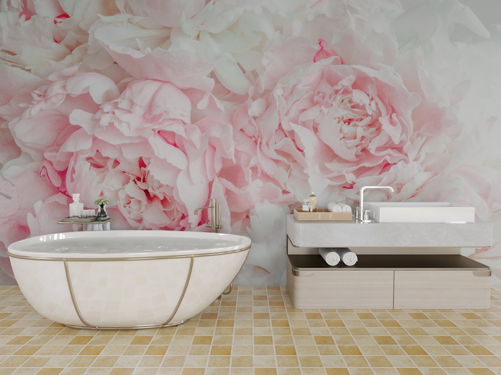 Fotobehang witte bloemen met grote bladeren