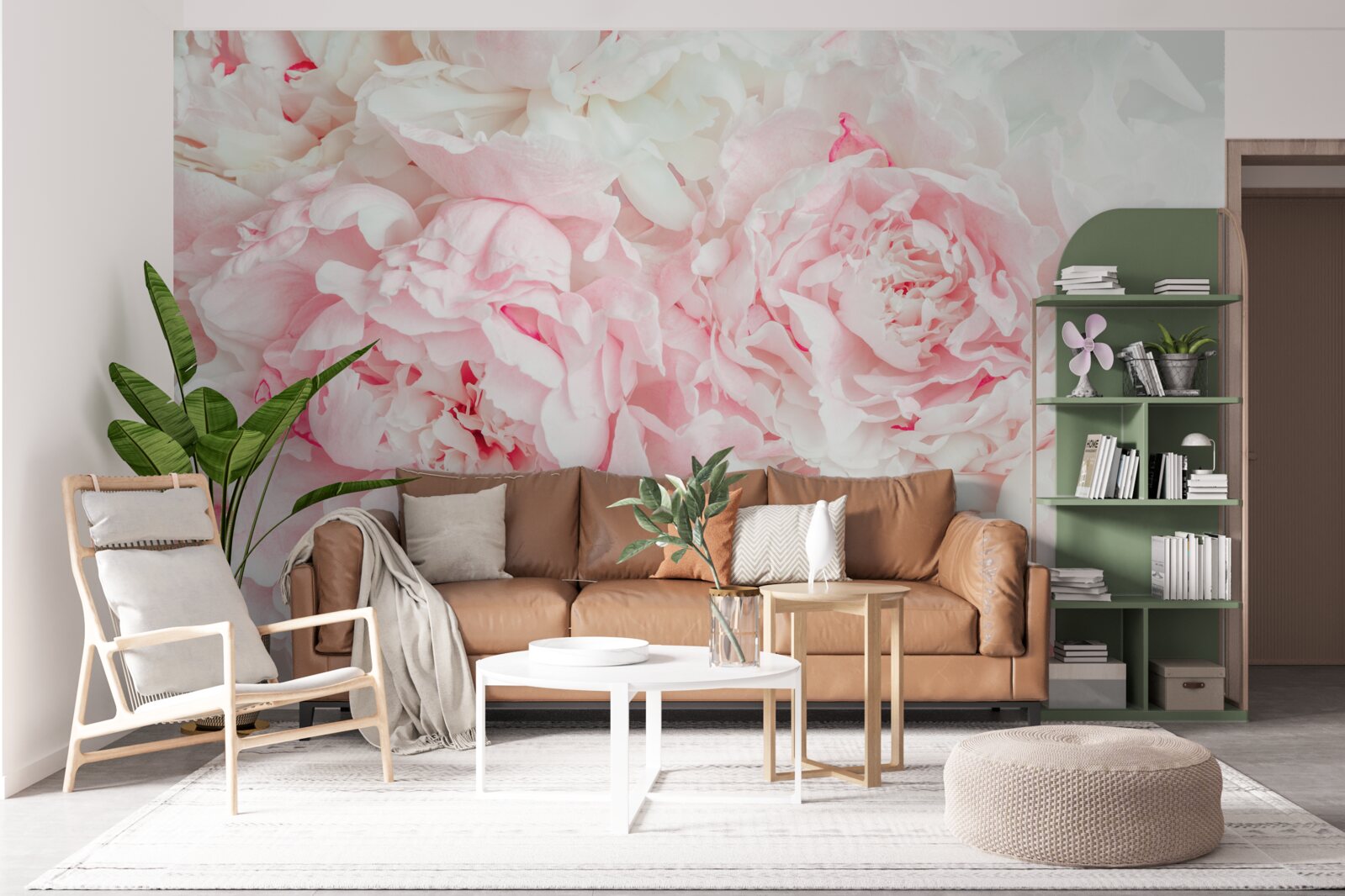 Fotobehang witte bloemen met grote bladeren